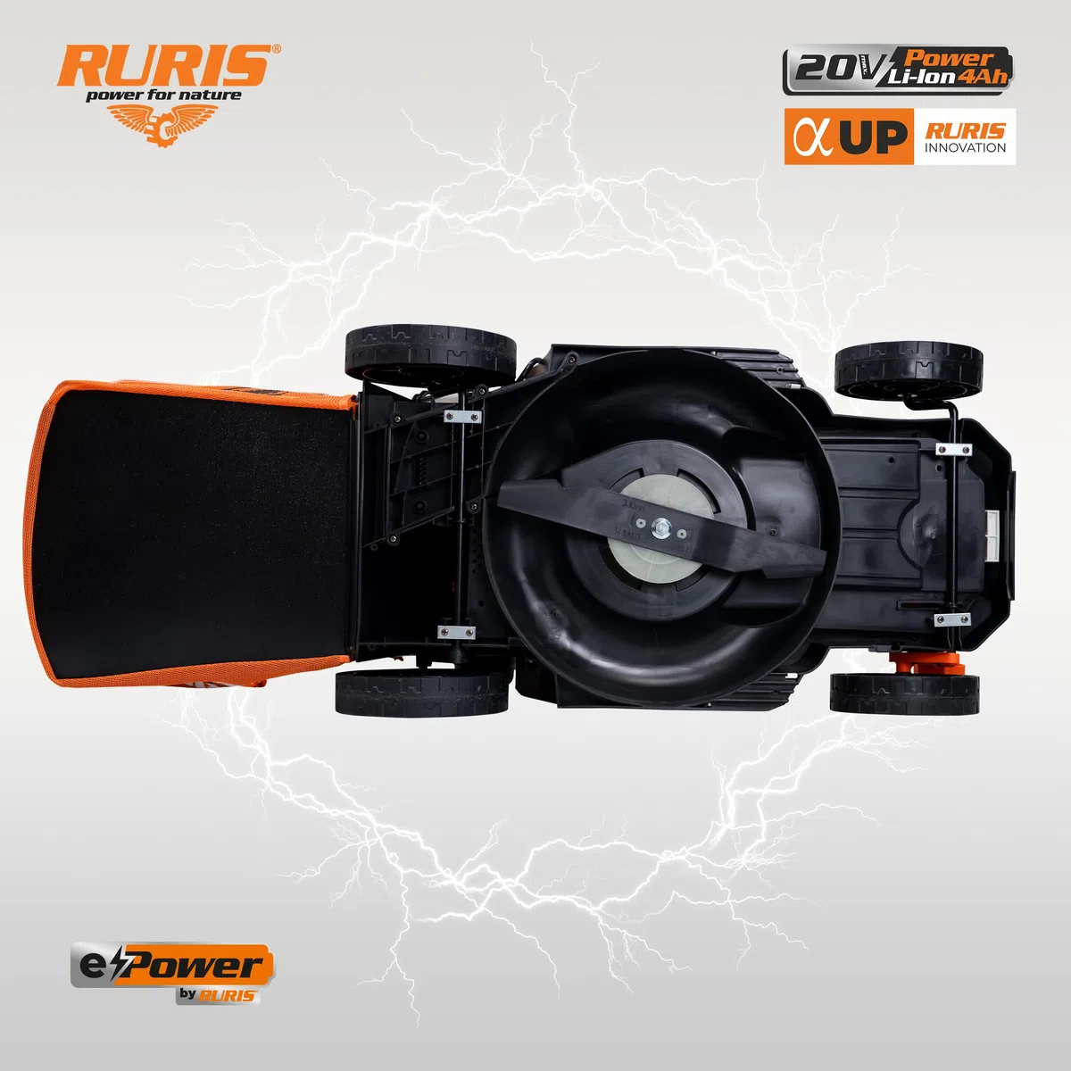 RURIS RXI3324e akumulatorowa kosiarka do trawy, szerokość cięcia 33 cm, wysokość 25-75 mm, funkcja 3 w 1 (zbieranie, wyrzut tylny, mulczowanie), akumulator litowo-jonowy 20 V 4Ah i ładowarka w