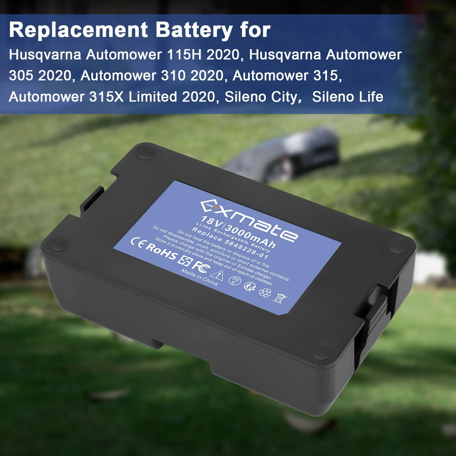 Exmate 18 V 3000 mAh akumulator zamienny do Husqvarna Automower 115H 2020, Husqvarna Automower 305 2020, Automower 310 2020, Automower 315, Automower 315X Limited 2020, Sileno City，Sileno Life