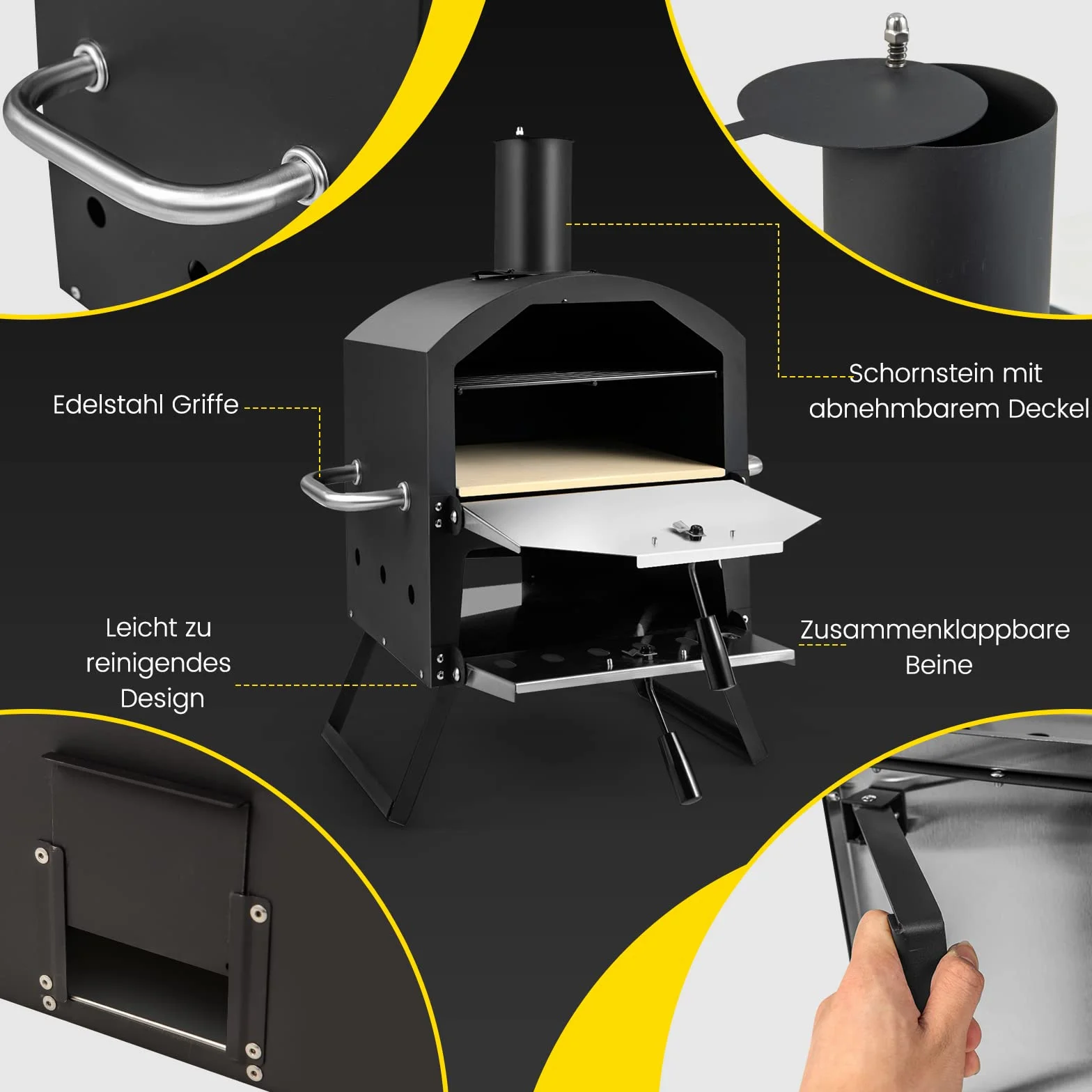 COSTWAY Piec do pizzy na zewnątrz, 2-warstwowy z rusztem grillowym, kamieniem, łopatką i składanymi nogami