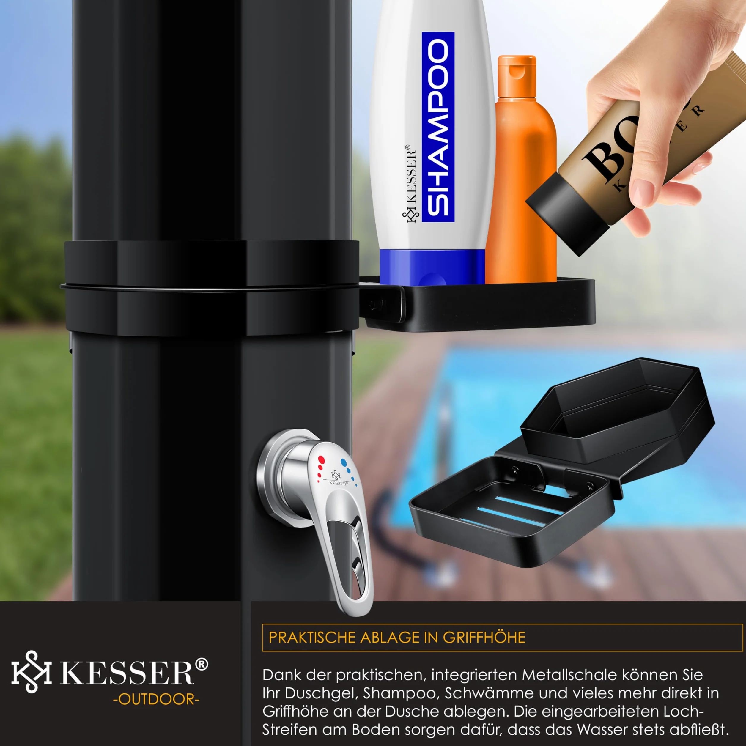 KESSER Prysznic solarny 60 l ogrodowy basenowy z metalową półką