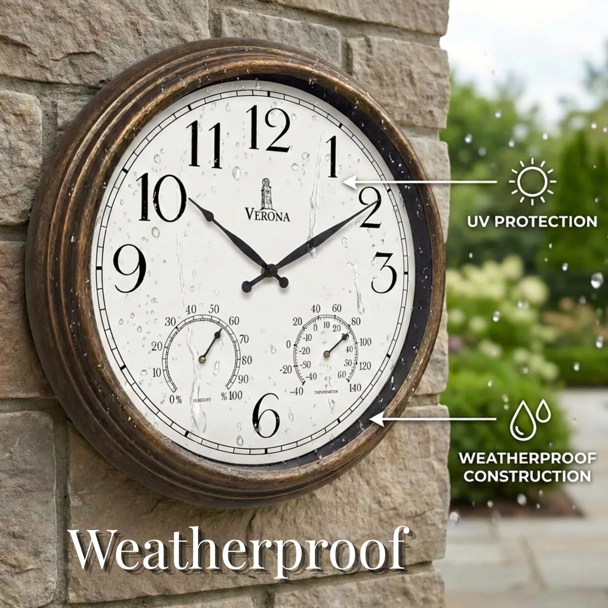 Zegary zewnętrzne na patio, duże, wodoodporne, z termometrem, 45 cm, wewnętrzny, zewnętrzny zegar ścienny z kombinacją temperatury i wilgotności, odporny na warunki atmosferyczne, dokładny i łatwy do