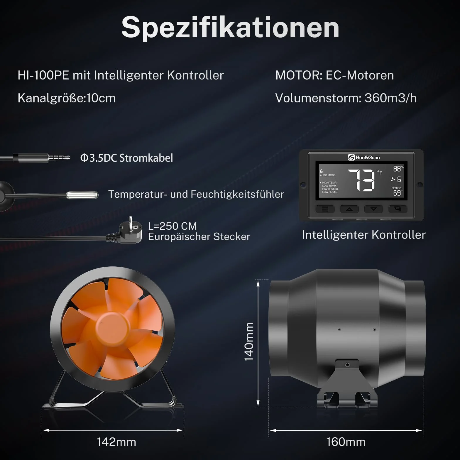 Hon&Guan Wentylator rurowy 100 mm, regulowany z inteligentnym kontrolerem