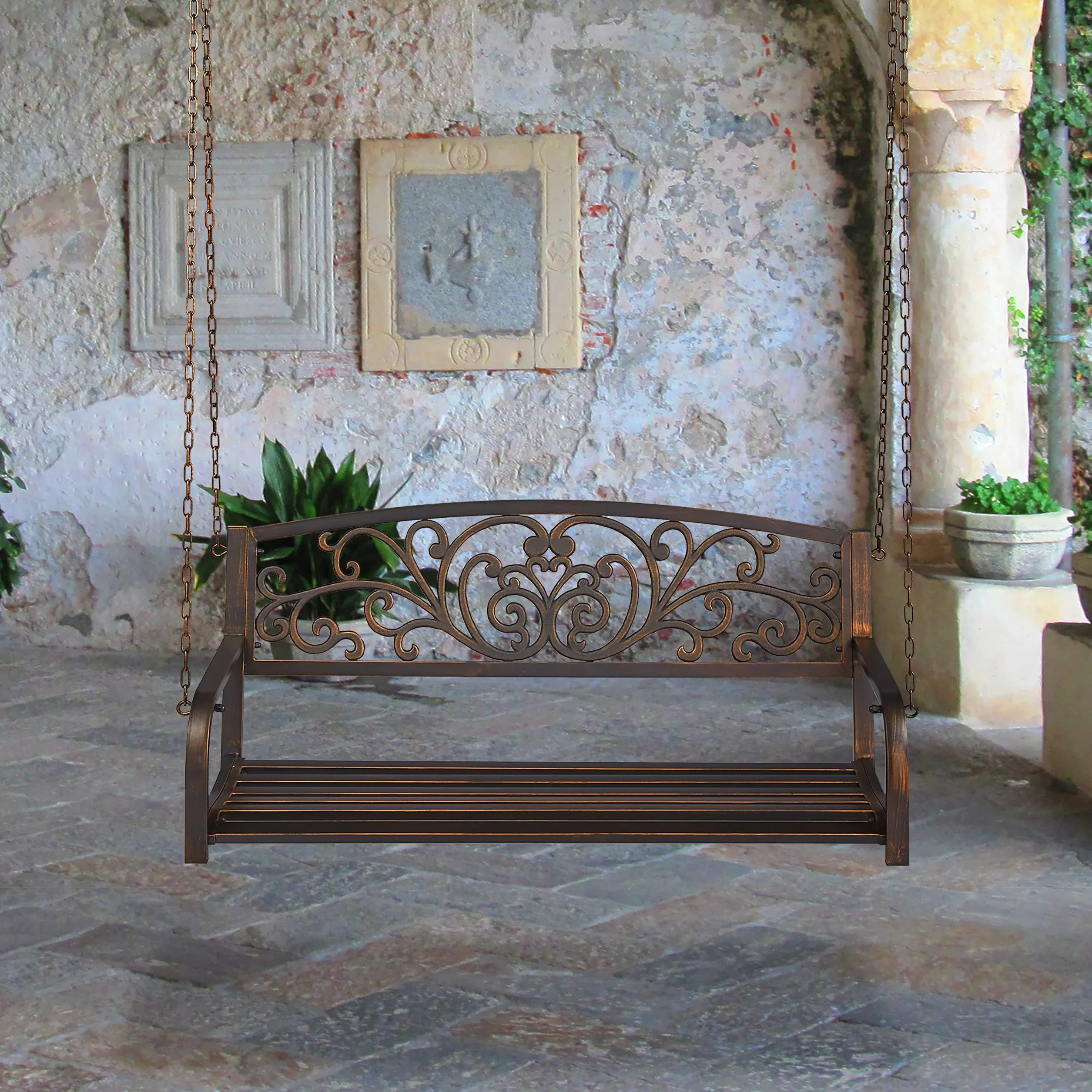 Relaxdays Ławka wisząca, 2-osobowa, metalowa, (wys. x szer. x gł.): 190 x 133 x 55 cm, huśtawka ogrodowa w stylu vintage, czarna/brązowa