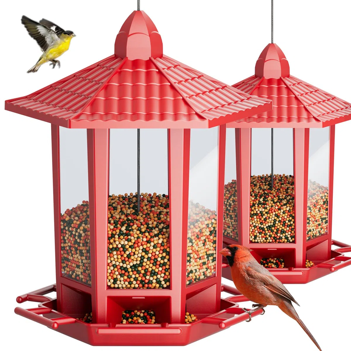 Birdream Karmniki dla ptaków do zawieszenia na zewnątrz, retro wzór pagody, zabawny montaż karmnik dla ptaków, przyciąganie dzikich ptaków, sikory, szczygieł, kardynałów, ziębów i wróbli - czerwone