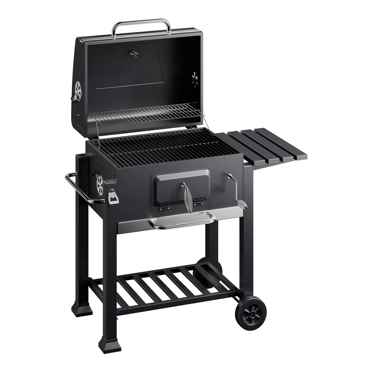 Wiltec Grill węglowy z pokrywą, termometrem i regulacja wysokości półki, prostokątny mobilny grill stojący ze stali do grillowania w ogrodzie