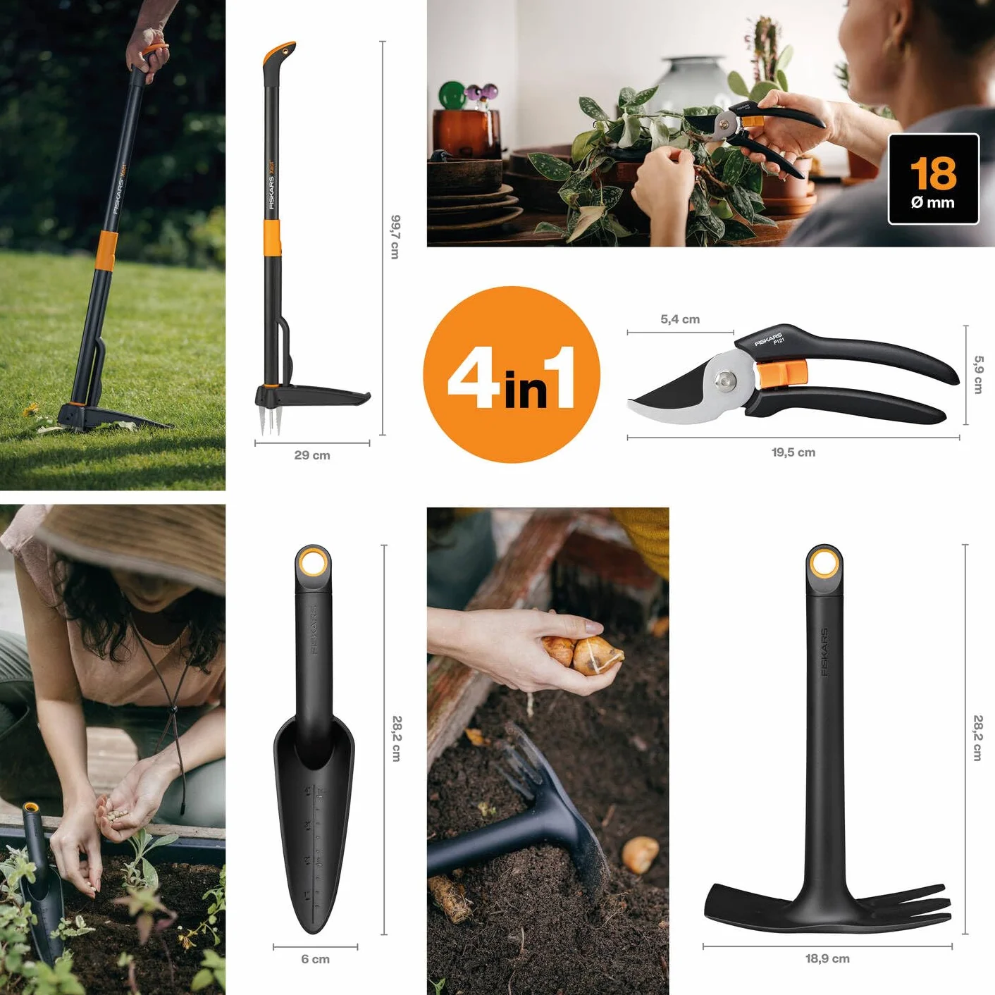 Fiskars Zestaw narzędzi ogrodowych, 4-częściowy, wycinak do chwastów Xact, długość: 1 m, motyka kombi Solid, długość: 28 cm, łopatka do kwiatów Solid, długość: 28 cm, sekator obejściowy Solid P121, 1