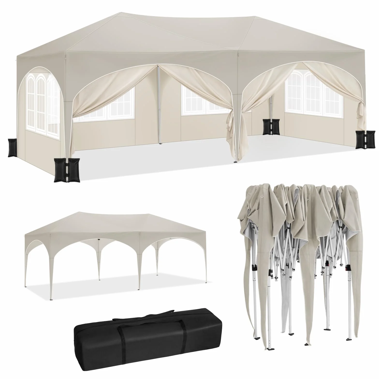 WOLTU Pergola 3 x 6 m, składany pawilon, 6 ścian bocznych, regulowana wysokość, wodoodporny, UV, beżowy