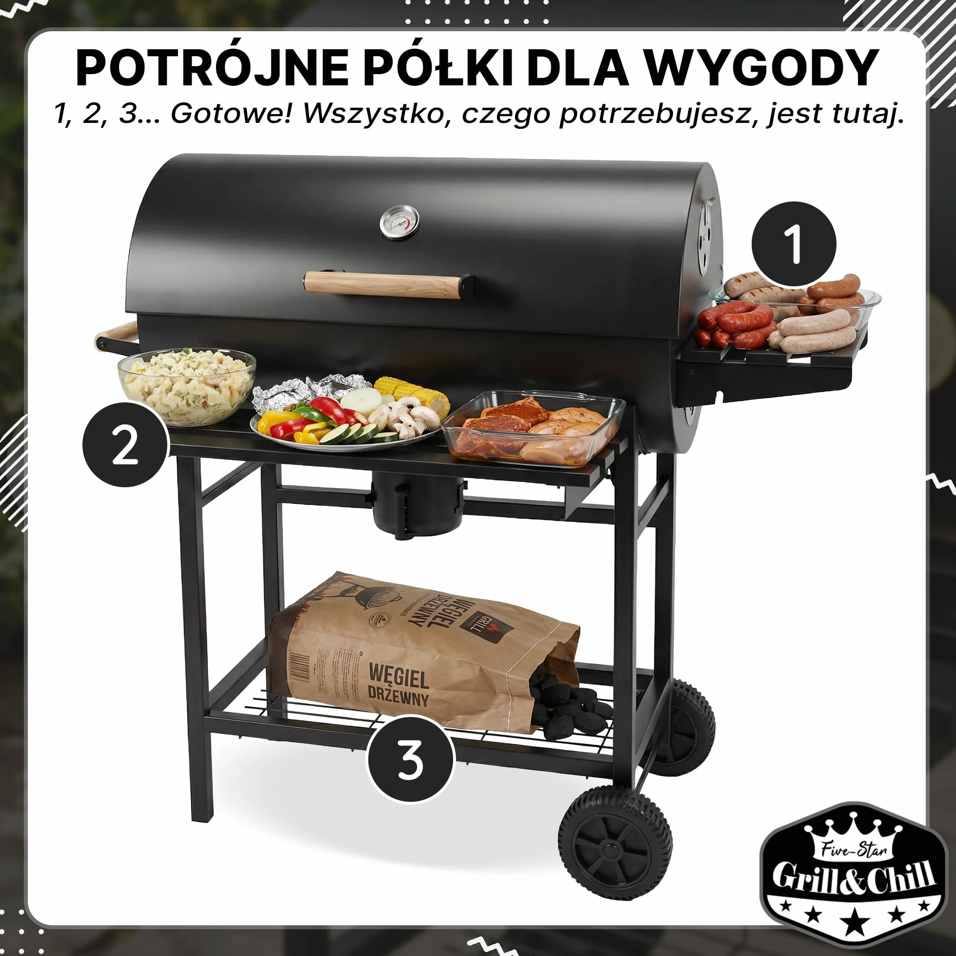 Five-Star Grill & Chill Grill Węglowy Ogrodowy z Pokrywą 71x35 cm GC0002