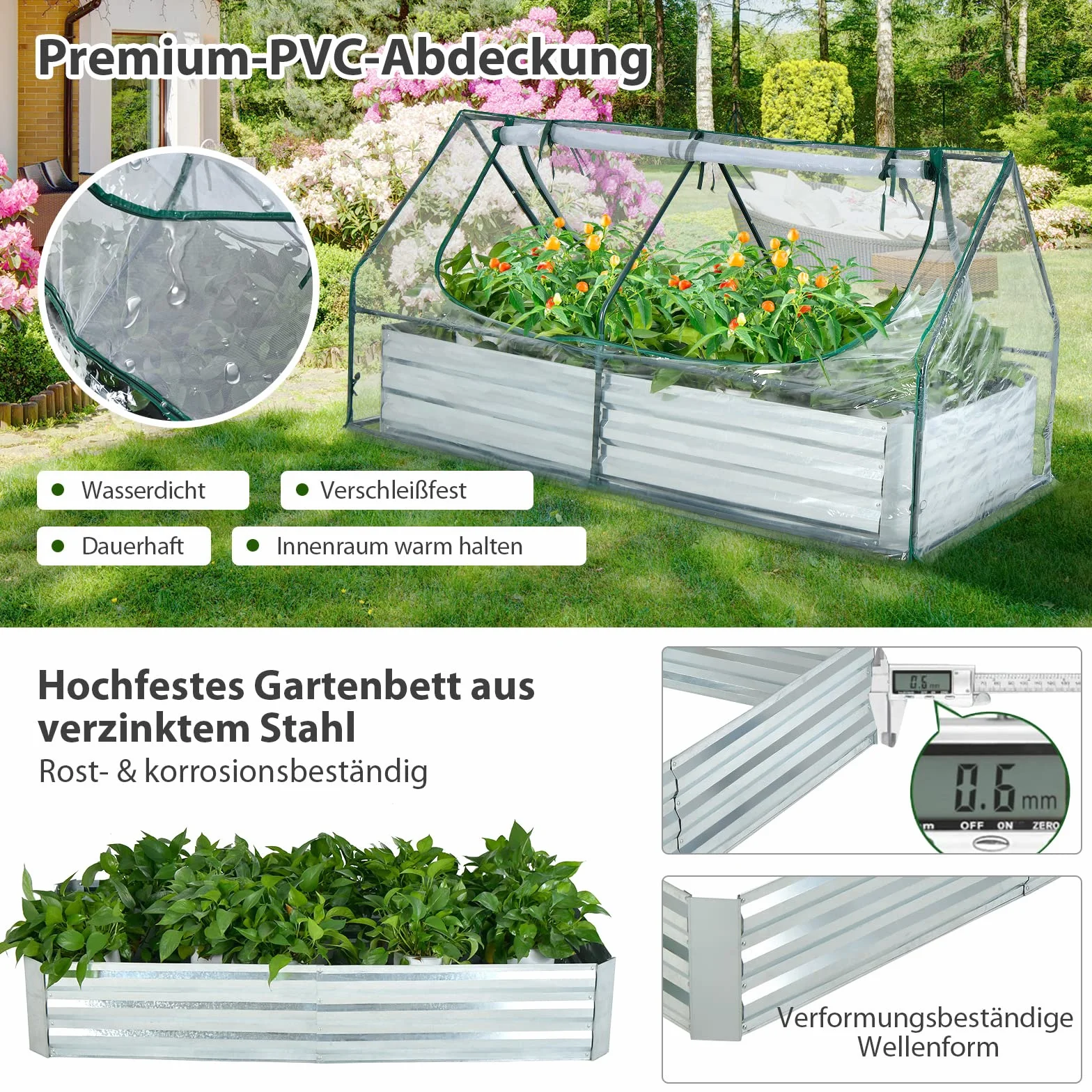 COSTWAY Szklarnia 3 w 1 z podwyższoną grządką, metalowa skrzynka na rośliny, folia PCW, grządka na kwiaty z dwoma oknami, prostokątny inspekt do kwiatów, ziół w ogrodzie, na tarasie i balkonie, 180 x