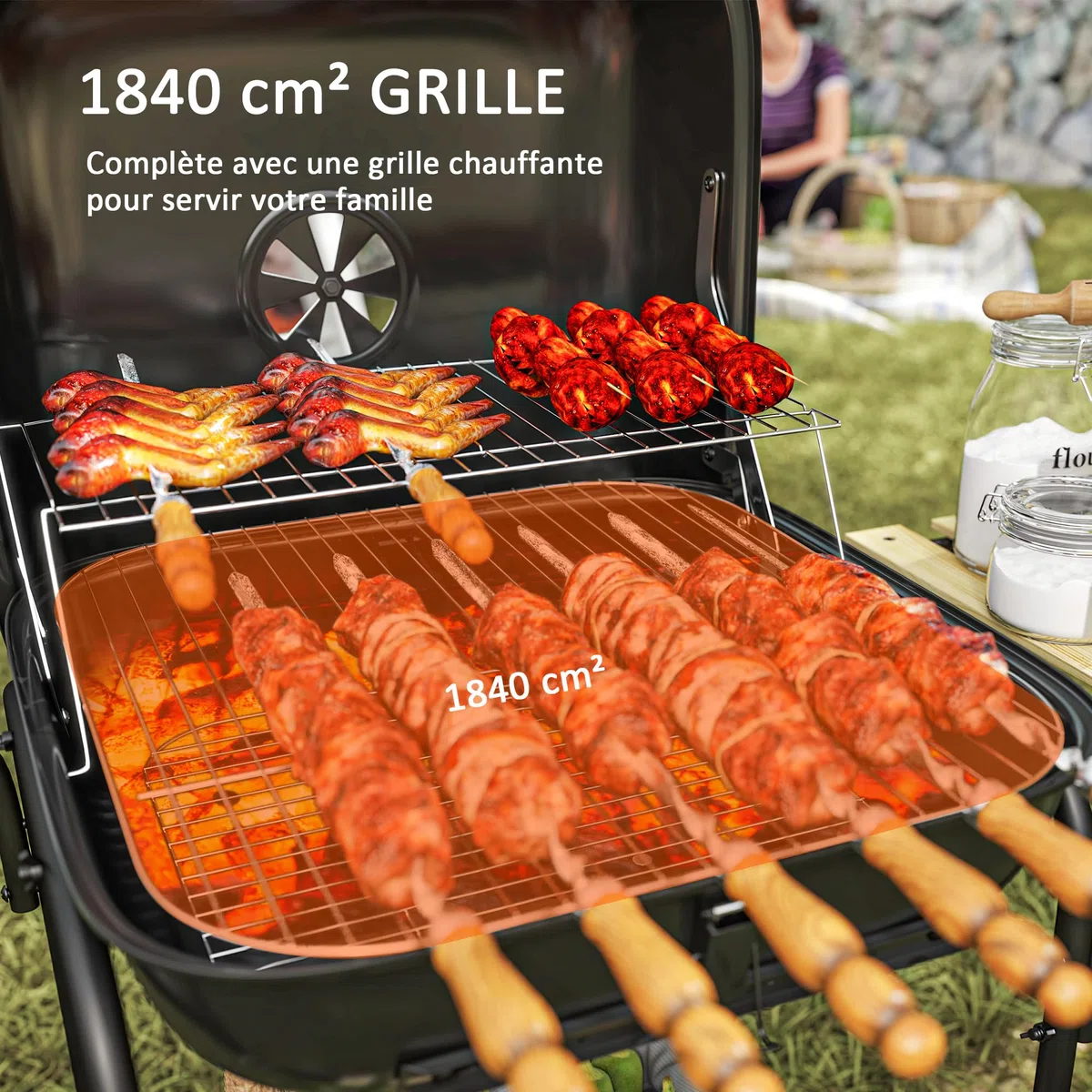 Outsunny Grill na węgiel drzewny, wózek do grillowania o powierzchni 1840 cm², przenośny grill wędzarniczy z pokrywką, rusztem, półkami i kółkami, na piknik, kemping, czarny