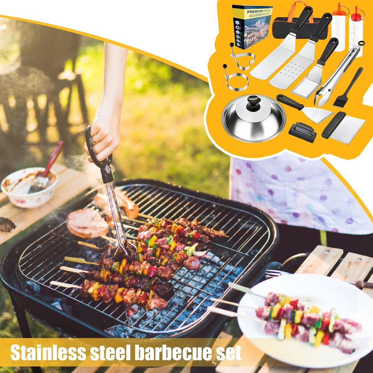 Akcesoria BBQ | Akcesoria BBQ Do Grillowania,14 Sztuk Stal Nierdzewna | Przenośne Wytrzymałe Narzędzia Do Przygotowania Potraw Na Camping Taras Warzywa Krewetki