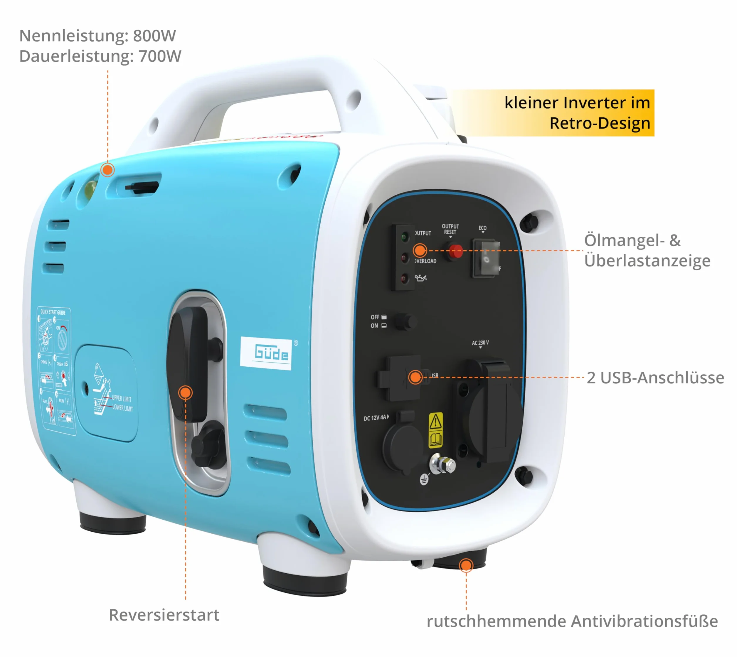 Güde Inwerterowy generator prądu ISG 800-1 (silnik 4-suwowy, benzynowy, 0,9/1,2 (kW/PS), 1 x 230 V, 1 x 12 V, 2 x USB, maks. 800 W, czas pracy 6,3 h, zbiornik 2,1 l, zabezpieczenie przed
