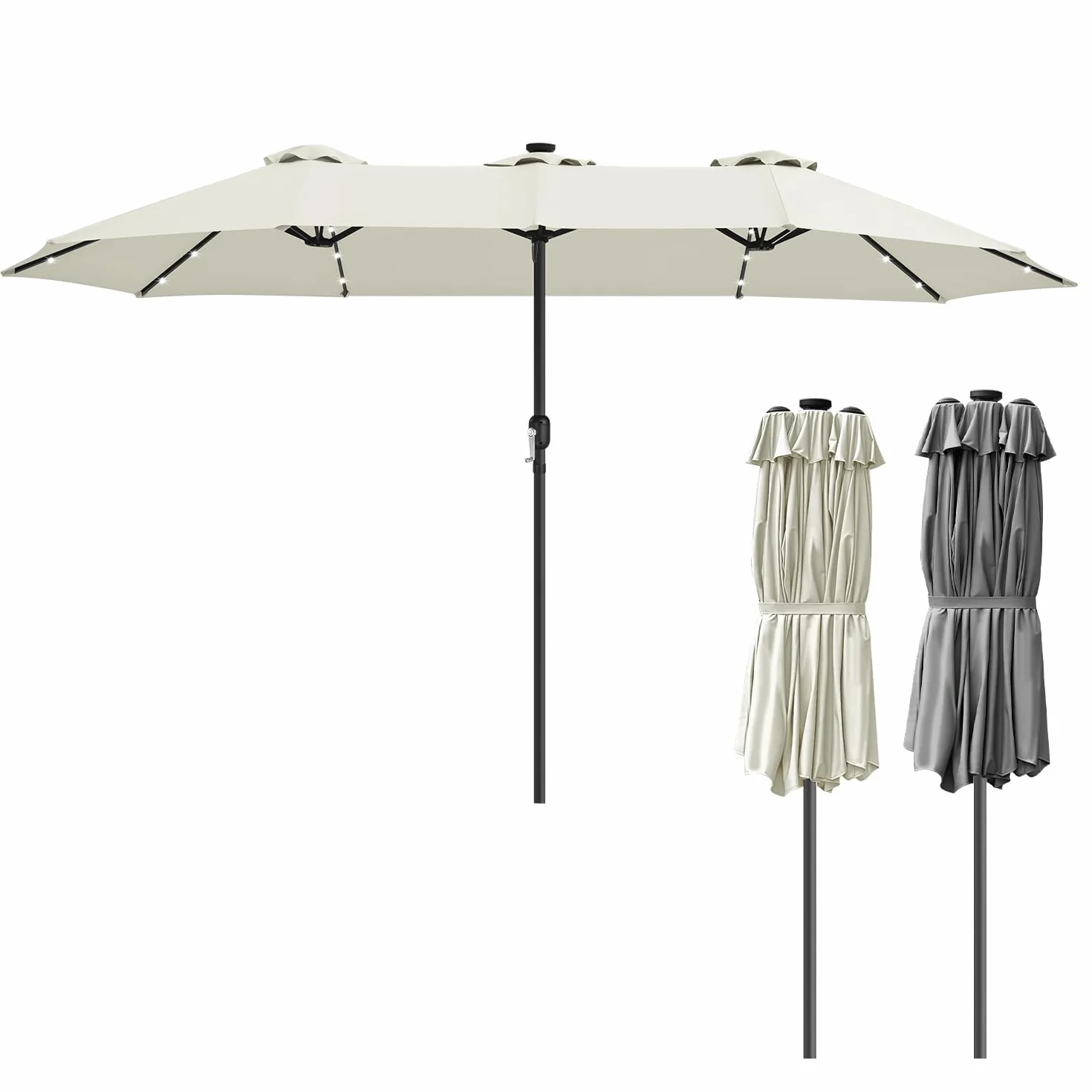 Podwójny parasol przeciwsłoneczny, prostokątny, 394 x 210 cm, z solarną diodą LED i korbą ręczną, duży parasol przeciwsłoneczny, parasol ogrodowy, parasol tarasowy, 12 stalowych żeber, ochrona