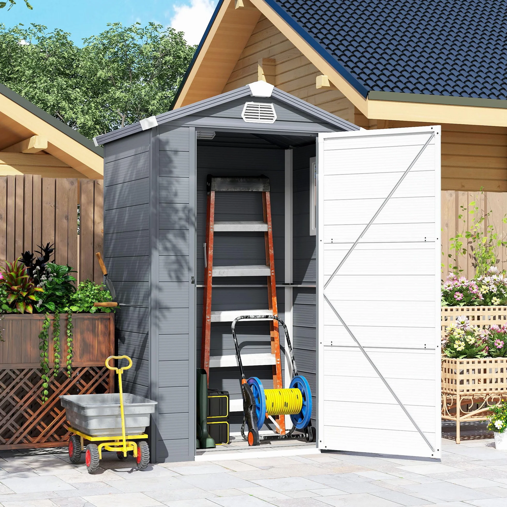 Outsunny Domek na narzędzia 1,1 m², szopa na narzędzia z dachem dwuspadowym, 133 x 102 x 208 cm, szopa z tworzywa sztucznego, z zamykanymi drzwiami, otworem wentylacyjnym, fundamentem, do ogrodu