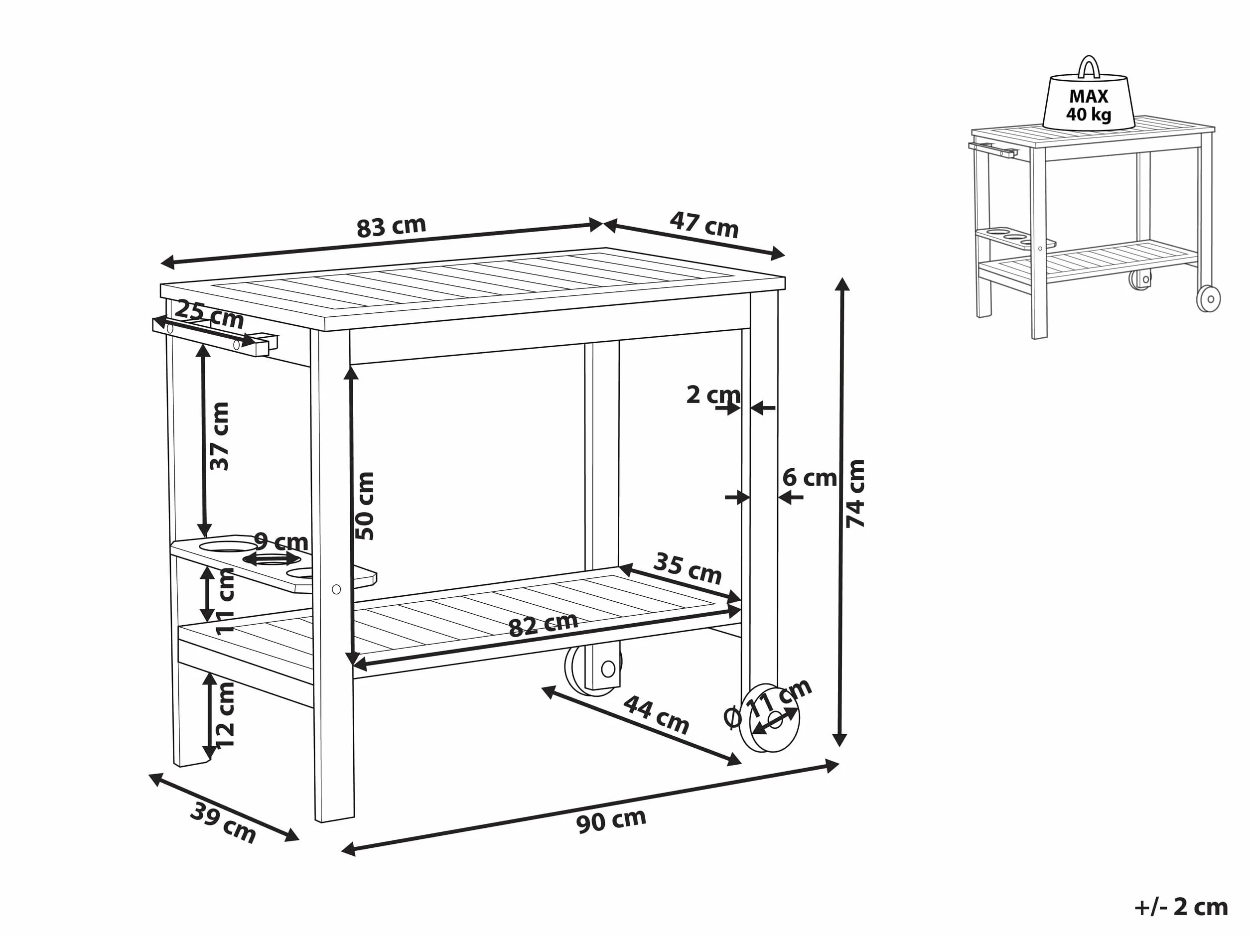 Wózek na kółkach stolik ogrodowy 47 x 90 x 74 cm certyfikowane drewno akacjowe Sassari II