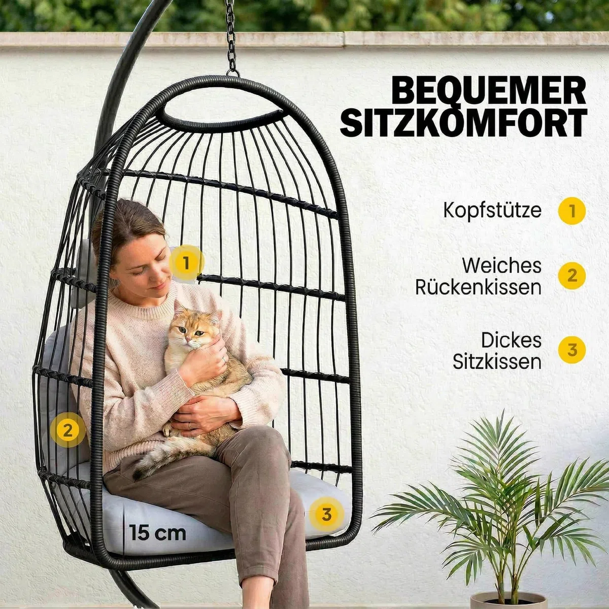 Outsunny Fotel wiszący ze stelażem, składany kosz z polirattanu, z poduszkami, pasem bezpieczeństwa, zagłówkiem, taśmami, nogi w kształcie X, z regulacją wysokości, huśtawka wisząca na zewnątrz