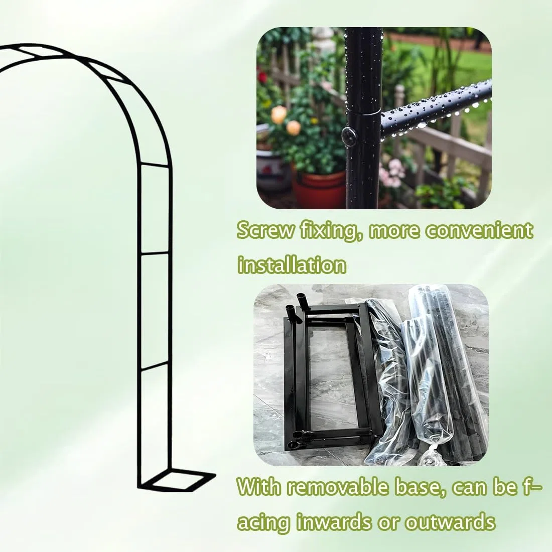 Czarny nierdzewny łuk różany łuk ogrodowy H 200 cm 220 cm 230 cm metalowa kratka różana z podstawą podpórka dla roślin pnących trwała kratka ogrodowa na winorośl i kwiaty
