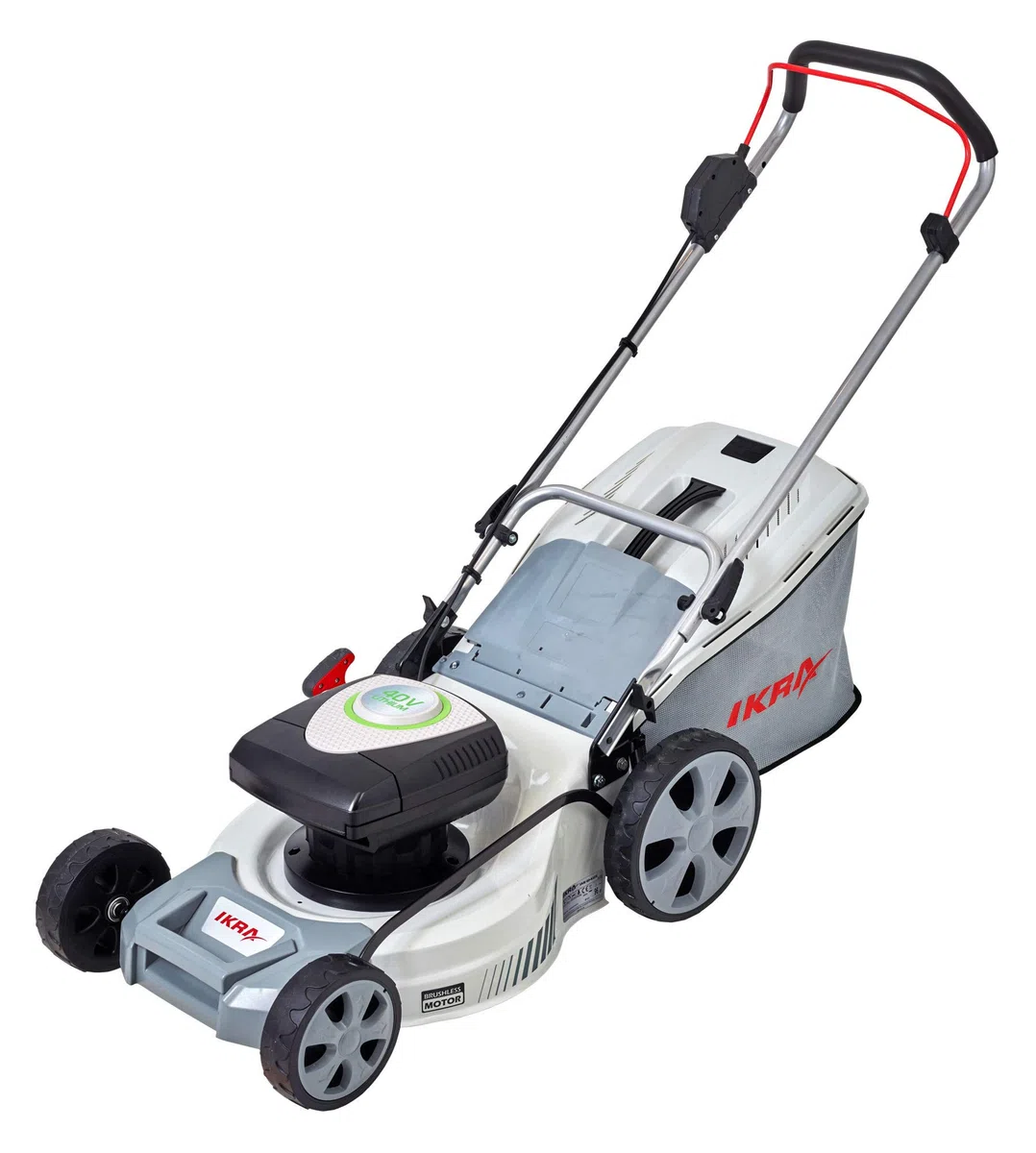 IKRA 77003500 IAM 40-4325 TwinPower kosiarka z akumulatorem, 2 x 40 V, pojemnik na trawę 50 l, szerokość cięcia 43 cm, 40 V, szary/czerwony/czarny