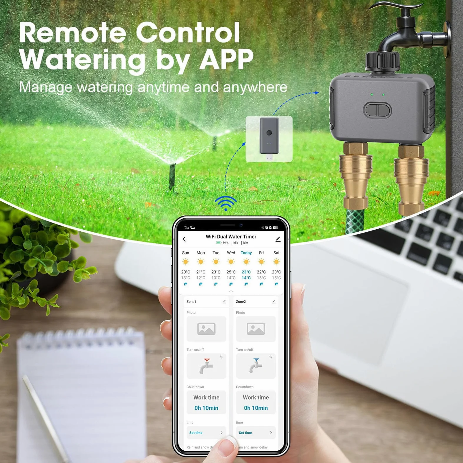 Inteligentny Zegar Zraszacza WiFi Timer Nawadniania 2 Strefy z funkcją Opóźnienia Deszczu Sterowanie Głosem Pilot Aplikacji do Nawadniania Trawnika w Ogrodzie