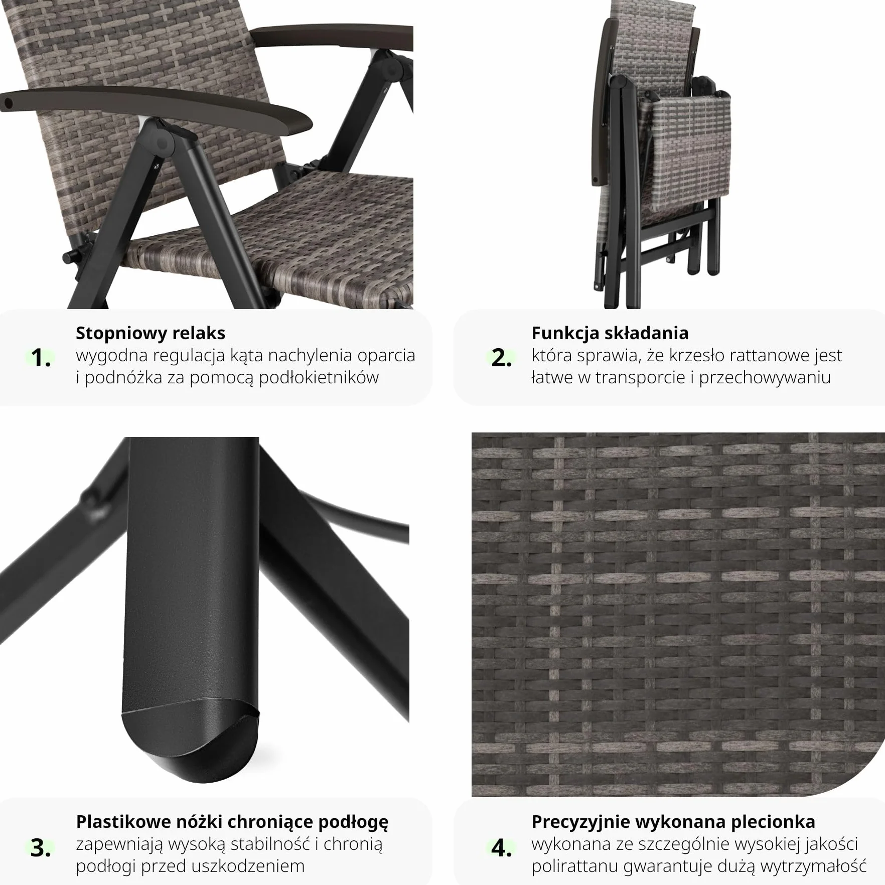 tectake®, Składany Fotel Ogrodowy, Rattanowe Krzesło Relaksacyjne, Regulacja Oparcia, Podnóżek, Plecionka UV, Aluminium, Antypoślizgowe Nóżki, Leżak Plażowy, Balkonowy, Na Taras (Szary)