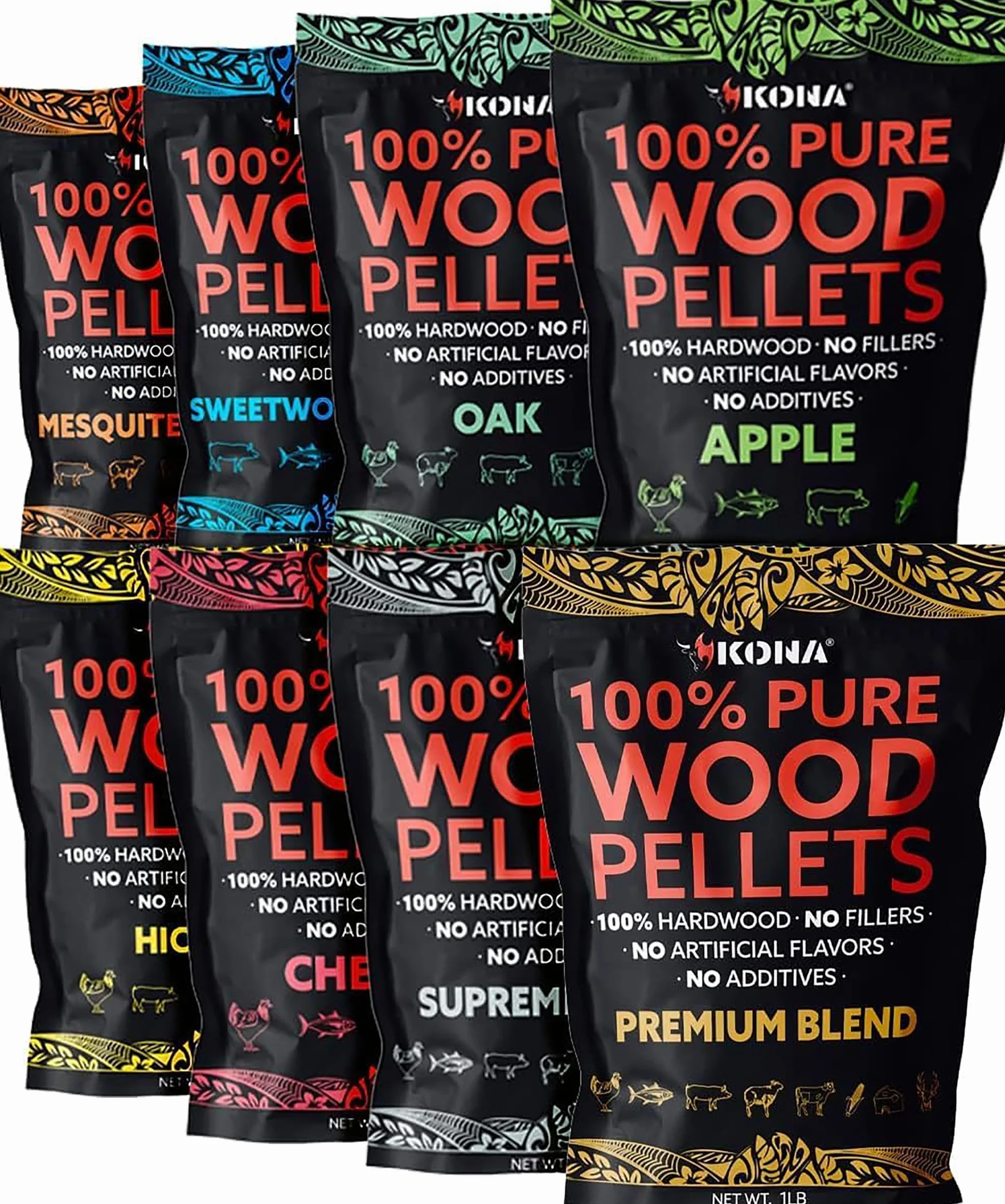 Kona Zestaw pelletów drzewnych, przeznaczony do grilla outdoorowego Ninja Woodfire, pieca opalanego drewnem i wędzarni, 8, 0,5 kg woreczki zamykane