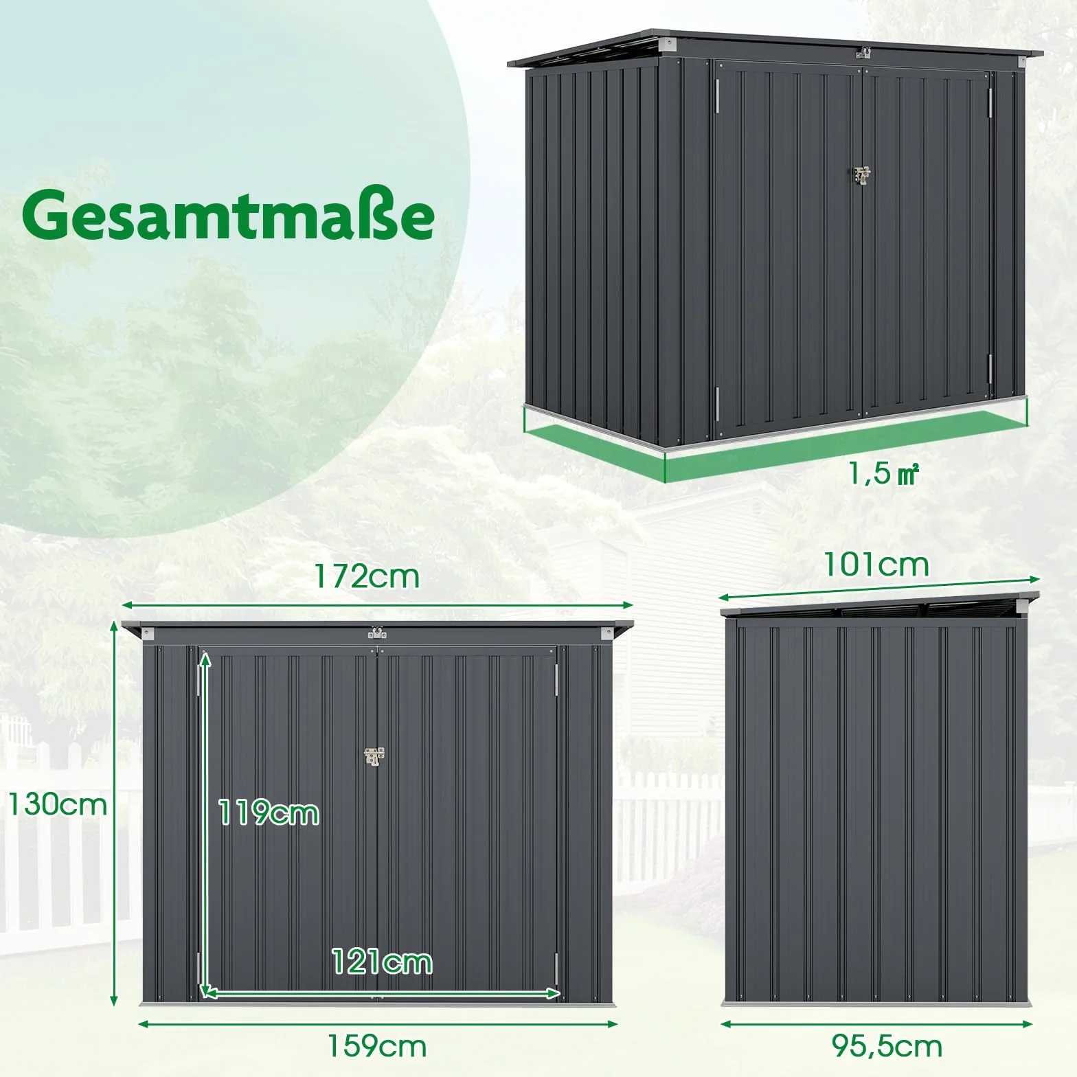 COSTWAY Pojemnik na 2 pojemniki na śmieci, z ocynkowanego metalu, domek na śmieci z 2 drzwiami i pokrywą na zawiasach, zamykany, odporny na warunki atmosferyczne, antracyt, 172 x 95,5 x 130 cm