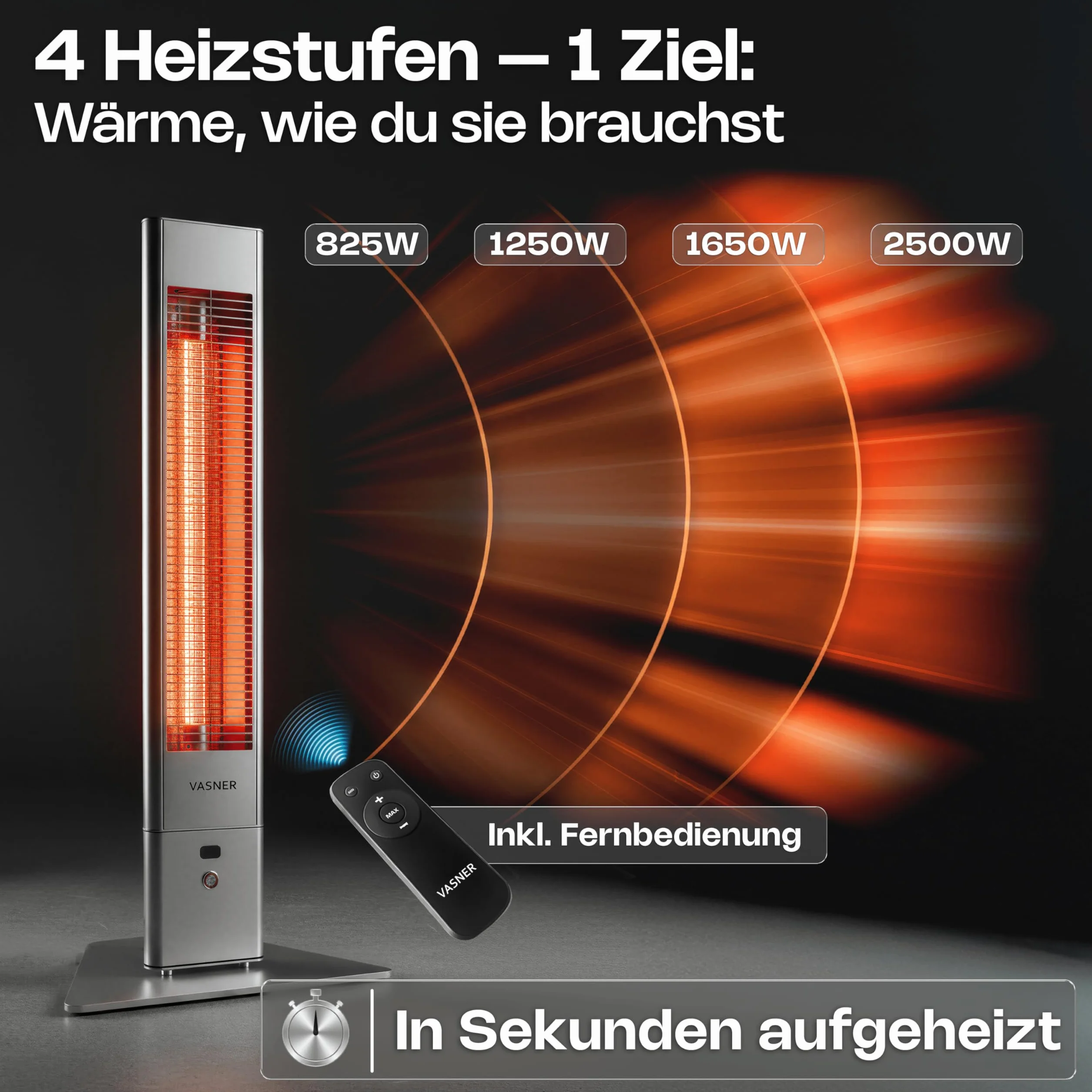 VASNER HeatTower Infrarot Heizstrahler Terrasse 2500 Watt 4 Heizstufen Standheizstrahler elektrisch mit Fernbedienung IP65 Schutz für Outdoor oder Bad
