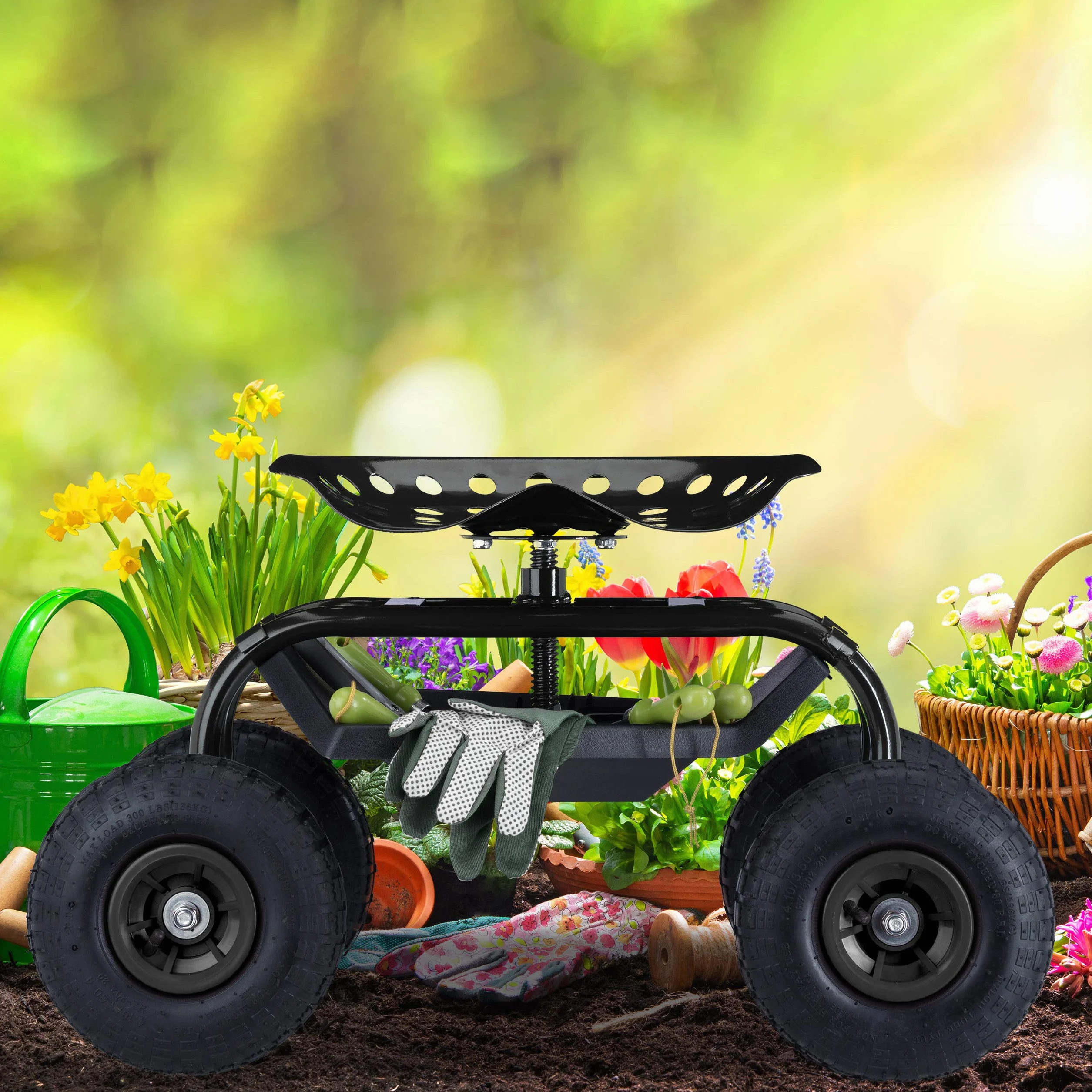 Relaxdays Siedzisko na kółkach, do ogrodu i warsztatu, 150 kg, regulacja wysokości 48-56 cm, ruchome siedzisko ogrodowe z 4 kółkami, czarne