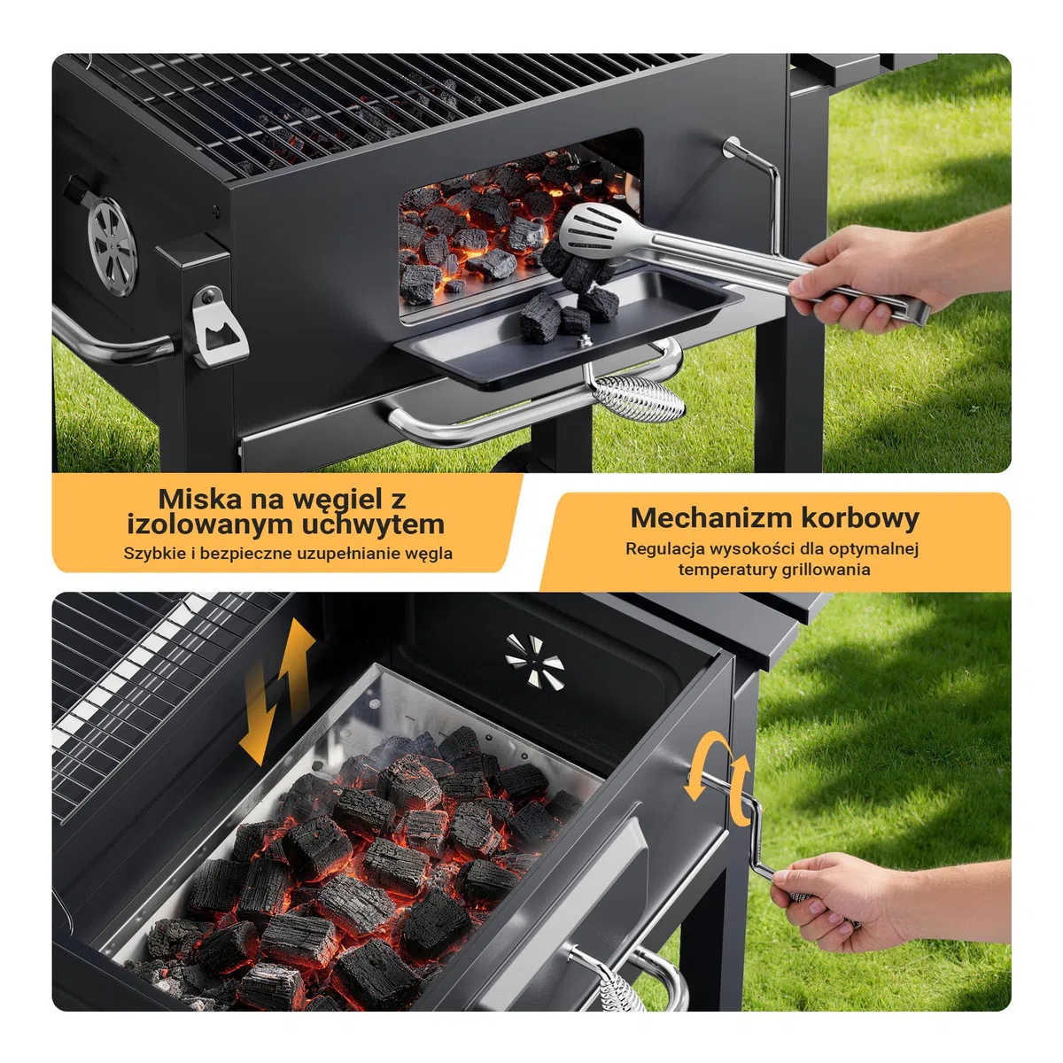 Wiltec Grill węglowy z pokrywą, termometrem i regulacja wysokości półki, prostokątny mobilny grill stojący ze stali do grillowania w ogrodzie