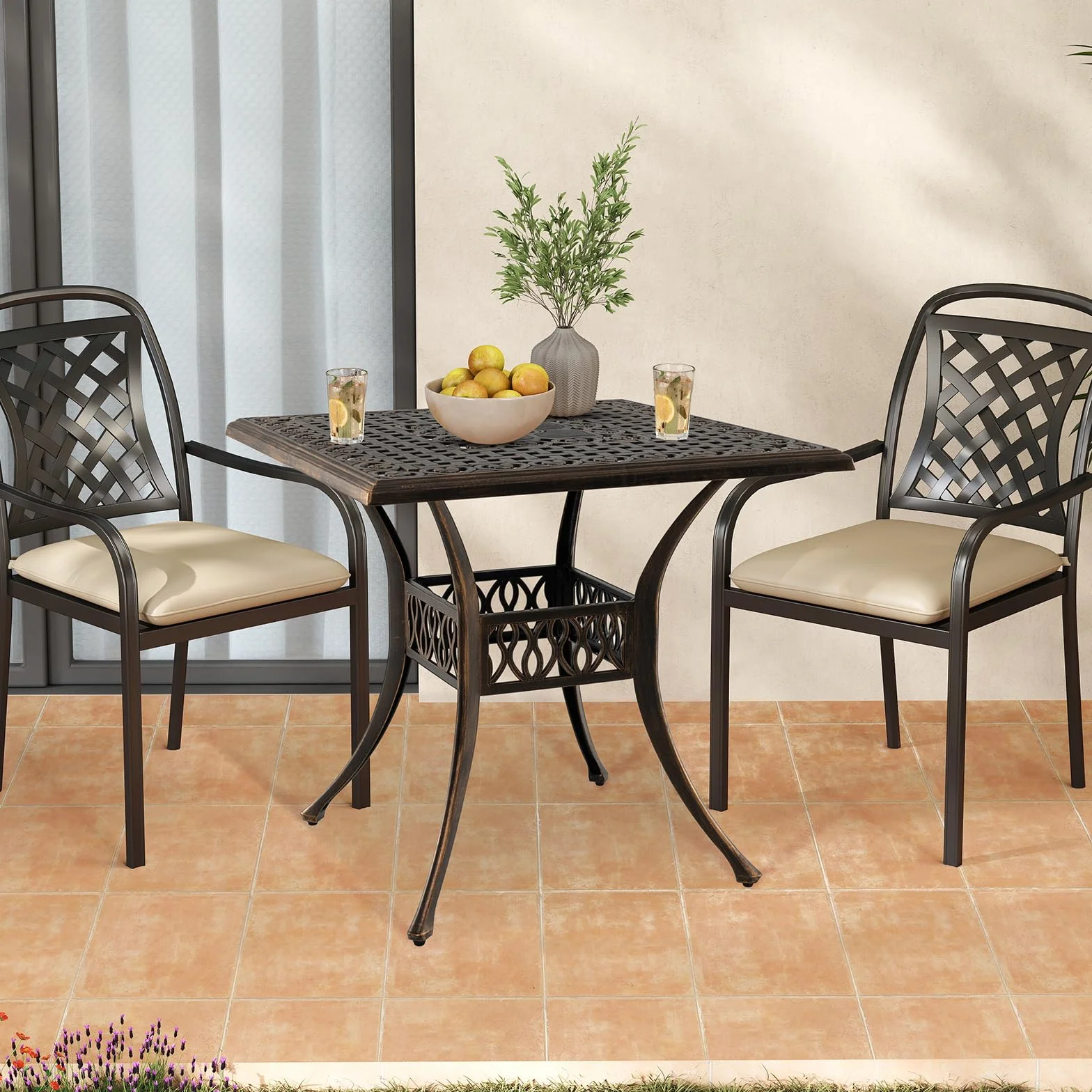 COSTWAY Stół ogrodowy z otworem na parasol, 80 x 80 x 75 cm, kwadratowy stół balkonowy z odlewu aluminiowego, odporny na warunki atmosferyczne, stół tarasowy dla 4 osób, stół do jadalni na zewnątrz do