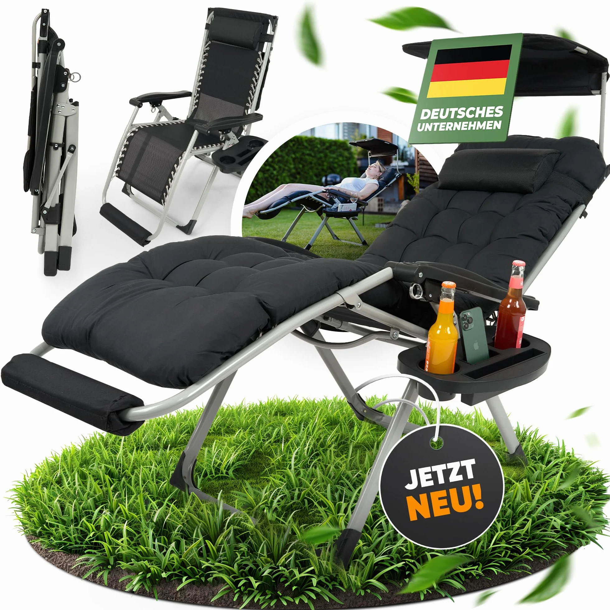 NatureLiving® Składany Leżak Ogrodowy – Solidny, Składany i Odporny na Warunki Atmosferyczne – Leżak z Daszkiem do Ogrodu i na Balkon, Leżak Outdoor Relax, Udźwig do 200 kg (czarny)