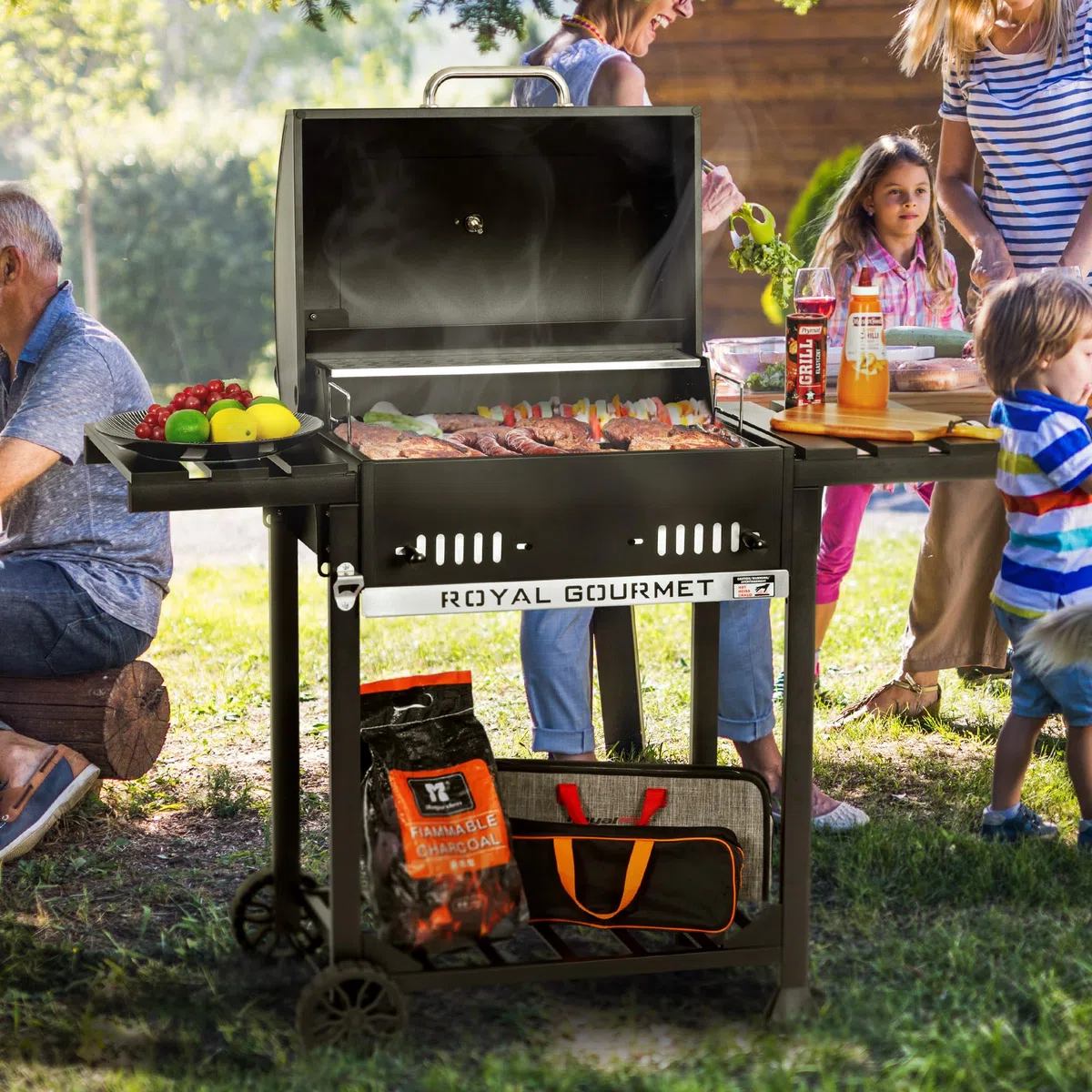 Royal Gourmet Grill na węgiel drzewny, grill węglowy na wózku ze składanymi półkami, pokrywa, termometr, powierzchnia do gotowania 56,5 x 42,2 cm do ogrodu, na kemping, czarny