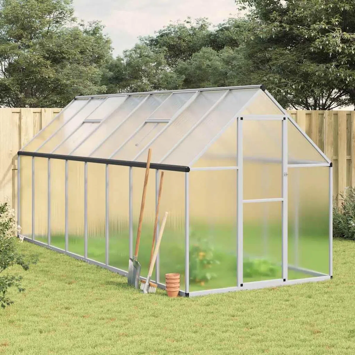 Szklarnia 445 cm dł. x 169 cm szer. x 195 cm wys. – stabilna rama aluminiowa z płytami poliwęglanowymi 4 mm, zakopana rama fundamentowa, idealna do uprawy warzyw i roślin