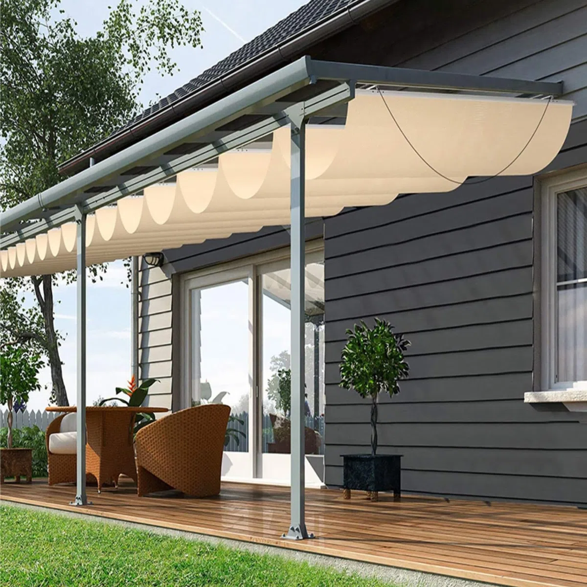 Wysuwany żagiel przeciwsłoneczny odporny na promieniowanie UV z akcesoriami instalacyjnymi, idealny na patio, balkony i do ogrodu (zielony, 2 x 5 m)