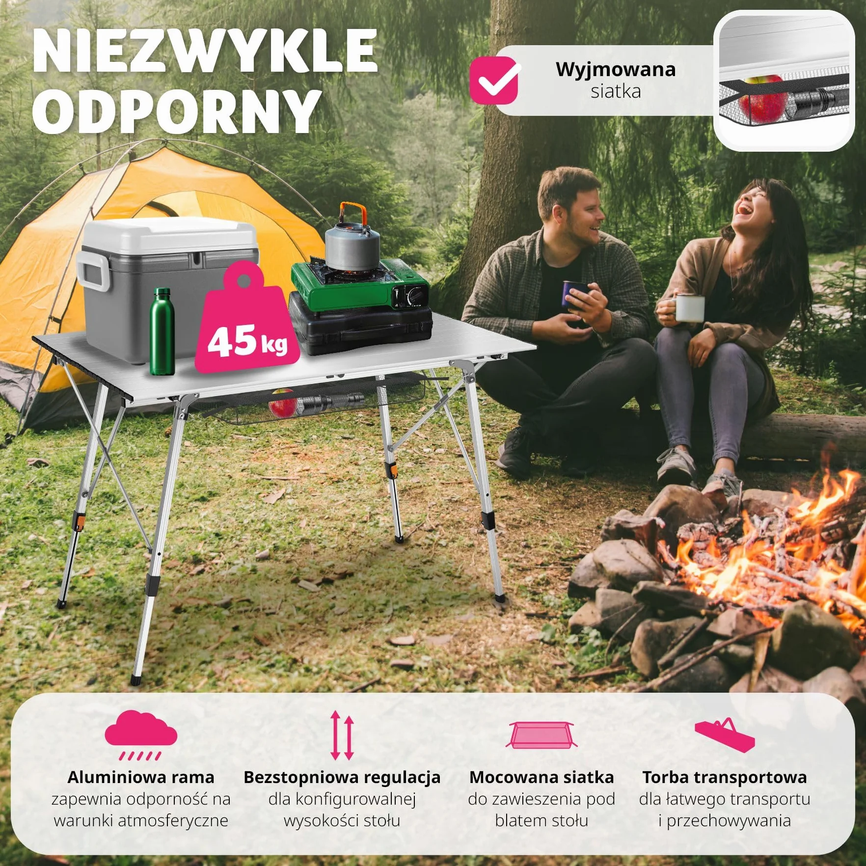 tectake® Składany Stół Kempingowy, Zwijany Blat XXL, Aluminiowa Konstrukcja, Regulacja Wysokości, Lekki, Odporny Na Pogodę, Siatkowa Półka, Torba Transportowa, Doskonały na Piknik (Szary)