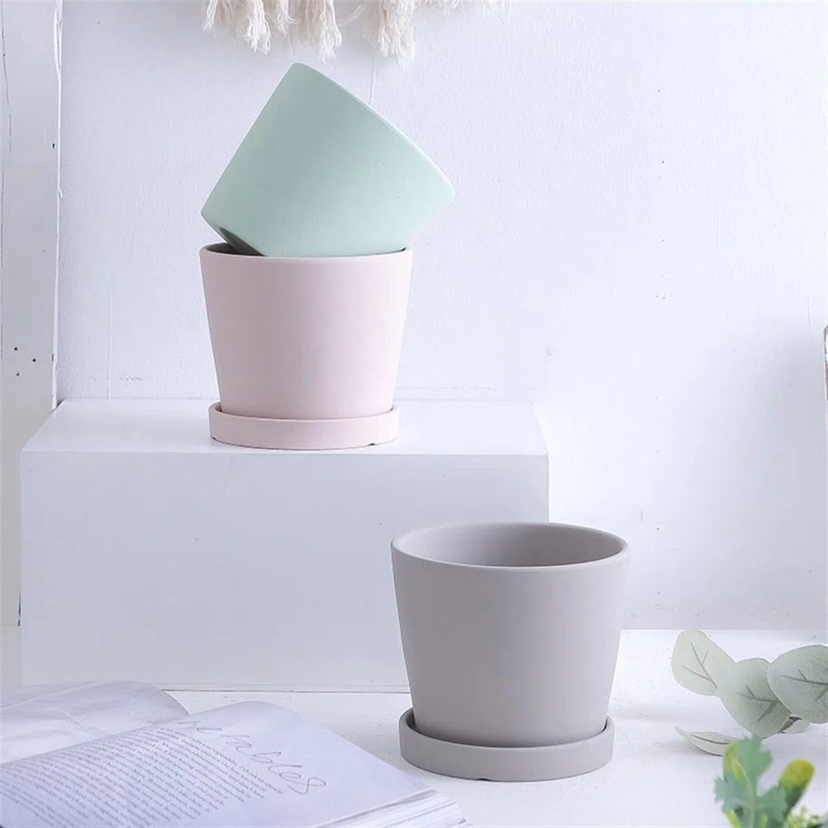 HIHELO Donice Ceramiczna okrągła doniczka z otworami drenażowymi sukulenty kaktus orchidea doniczka doniczkowa prosta z tacą doniczka do przedszkola (kolor: szary)