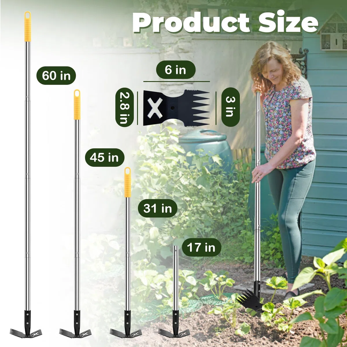 NICOFPHY Narzędzie do usuwania chwastów z długim uchwytem, ręczne narzędzia do odchwaszczania 152 cm, ogrodnictwo, 2 w 1, ręczna grabia chwastów i motyka, narzędzie do usuwania chwastów na podwórko