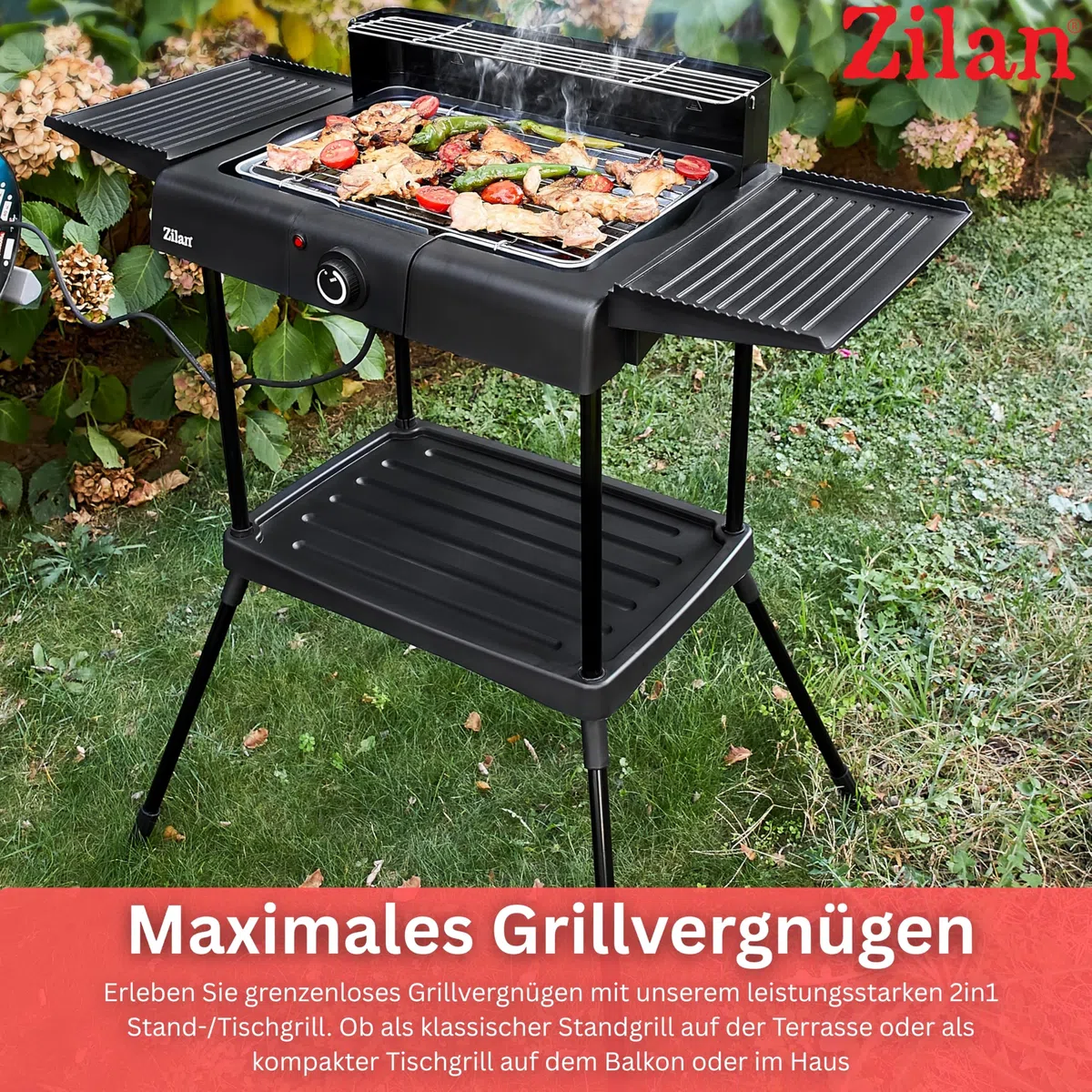 Elektryczny grill stołowy 2 w 1, 2 w 1, 2400 W, grill elektryczny, na balkon, do użytku na zewnątrz i wewnątrz, z podstawką, duża powierzchnia grillowa, bezstopniowa regulacja temperatury, elektryczny