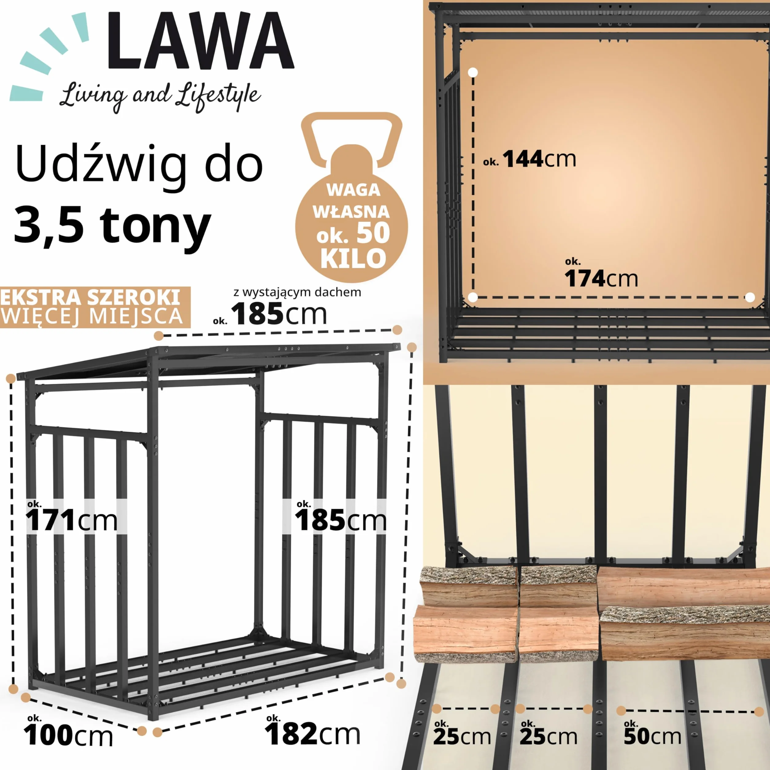 Stojak regał na drewno kominkowe 185x105x185 cm metalowy ocynkowany zadaszony antracytowy 3,5 t 5,25 m³