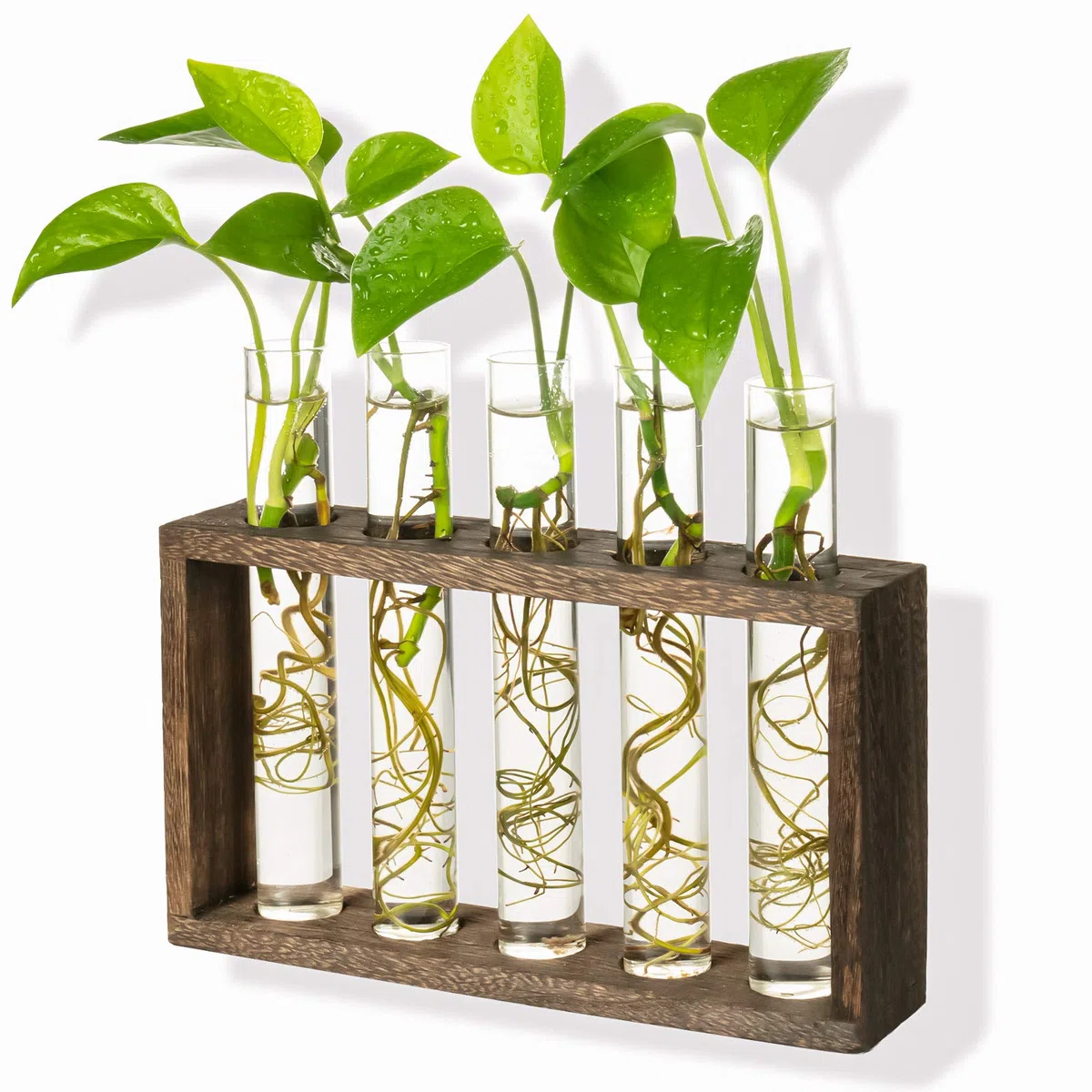 Kingbuy Wisząca szklana stacja do rozmnażania roślin, probówka, wazon, doniczki na kwiaty w stylu vintage, drewniany stojak z 5 akcesoriami do terrarium na parapet, ślub, kuchnia (5 probówek, brązowe drewno)