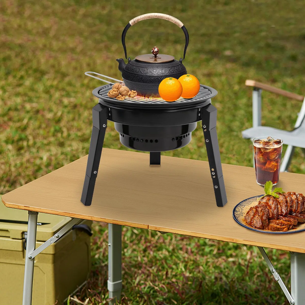 Przenośny grill na węgiel drzewny z 3 nogami, składany grill z regulacją wysokości, grill kempingowy dla 3-6 osób, z akcesoriami do grillowania i torbą do przenoszenia, do ogrodu, na piknik, imprezy