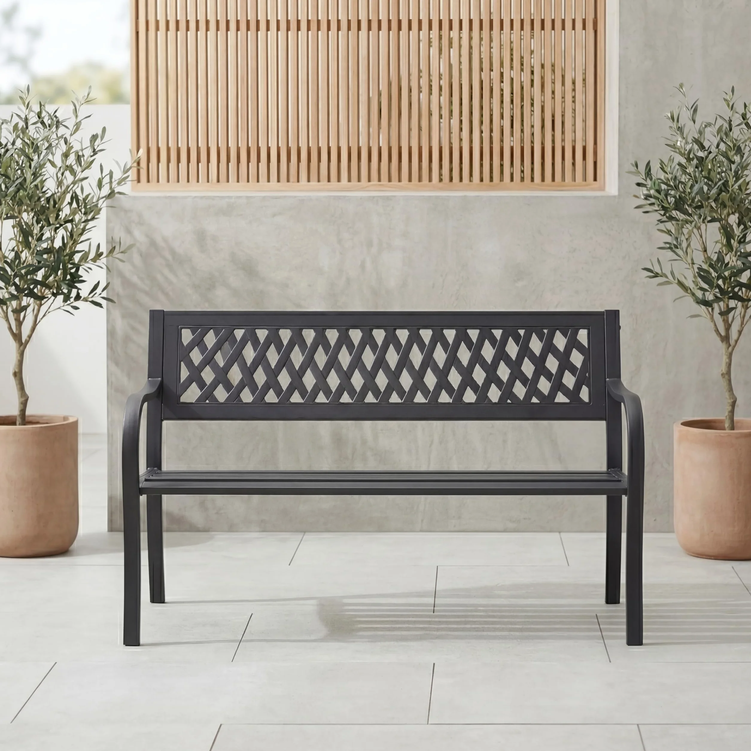 Home Discount Ogrodowa stalowa ławka ogrodowa Vida, design w stylu kraty, 3-osobowa meble ogrodowe, do siedzenia, parku, siedzenia na patio