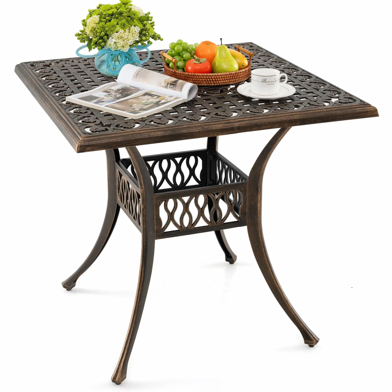 COSTWAY Stół ogrodowy z otworem na parasol, 80 x 80 x 75 cm, kwadratowy stół balkonowy z odlewu aluminiowego, odporny na warunki atmosferyczne, stół tarasowy dla 4 osób, stół do jadalni na zewnątrz do