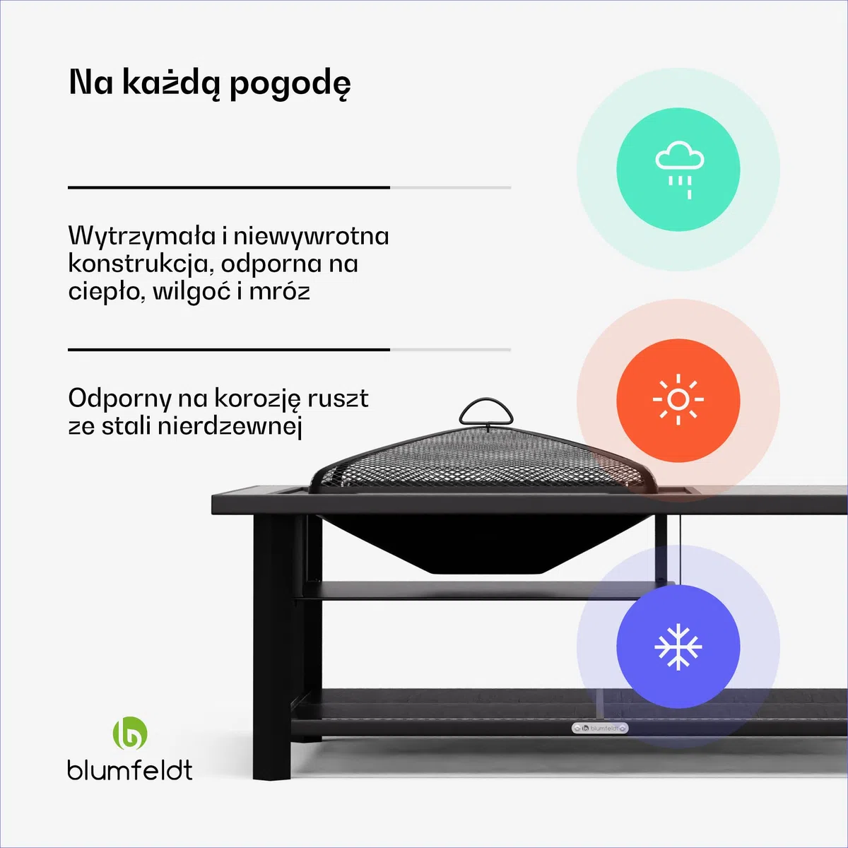 Blumfeldt Merano Avanzato L palenisko 3 w 1 z rusztem do grillowania i stołem, wytrzymała rama stalowa, blat stołu z terrazzo, w zestawie ochrona przed iskrami, pogrzebaczem i pokrywą, do ogrodu i na