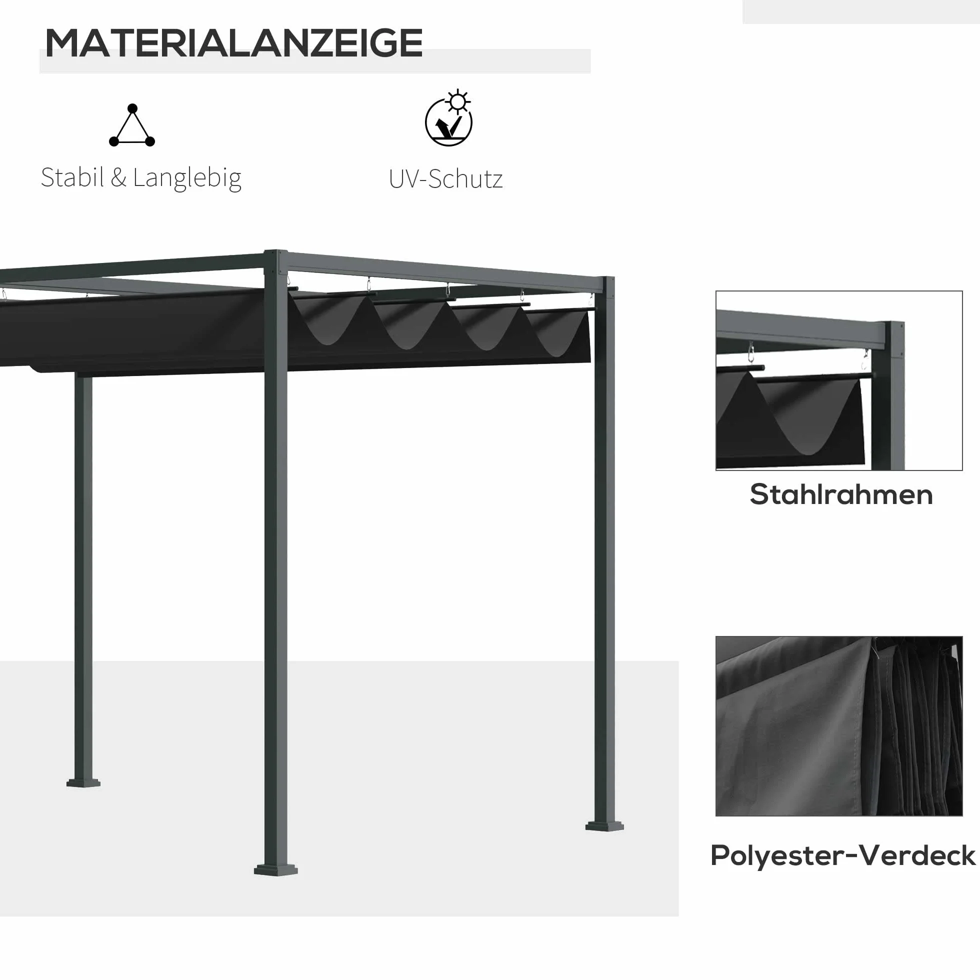 Outsunny Pergola Pawilon zadaszenie tarasu z rozsuwanym dachem, poliester czarny 298 x 213 x 222 cm