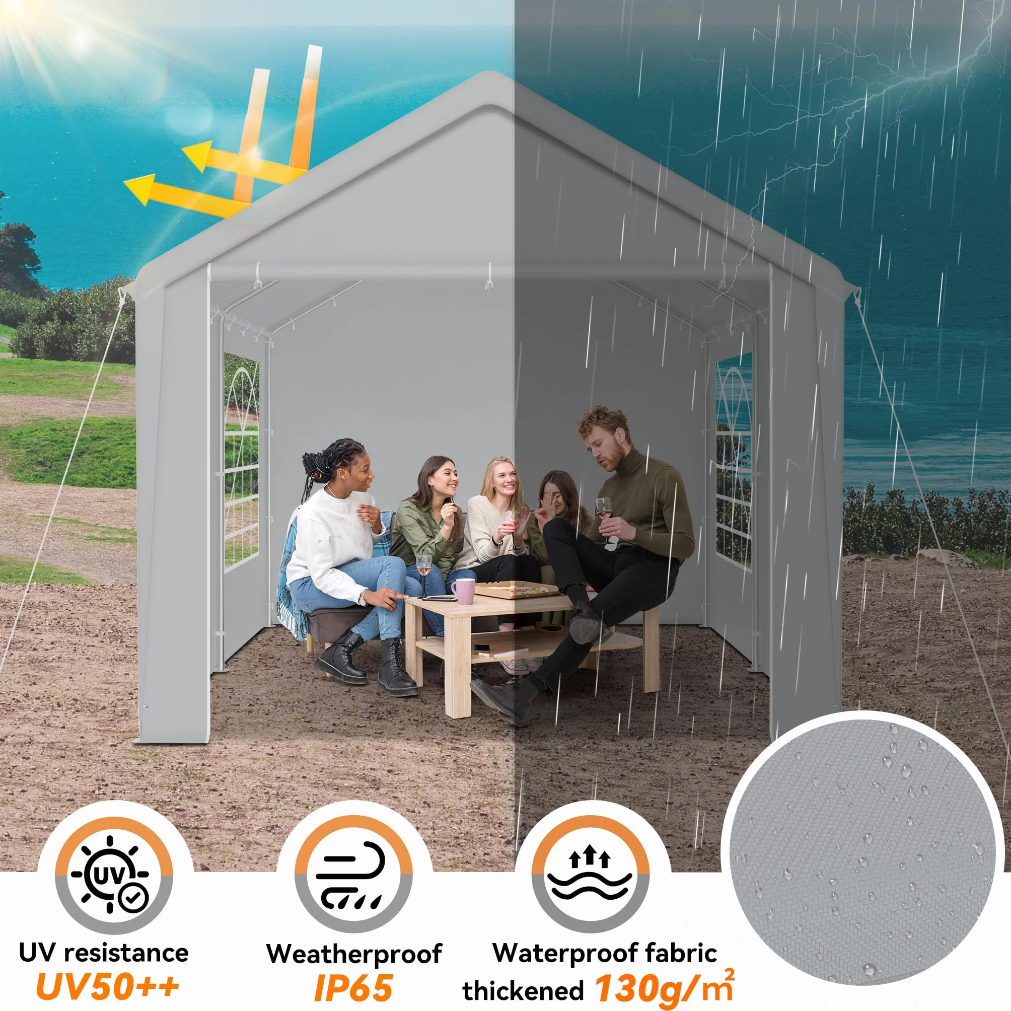 Aufun Namiot imprezowy 3 x 4 m, szary, wodoszczelny i odporny na promieniowanie UV, stabilny, z ocynkowanym stalowym stelażem, 4 zdejmowane ściany boczne z oknami, szybki montaż, pawilon do ogrodu, na