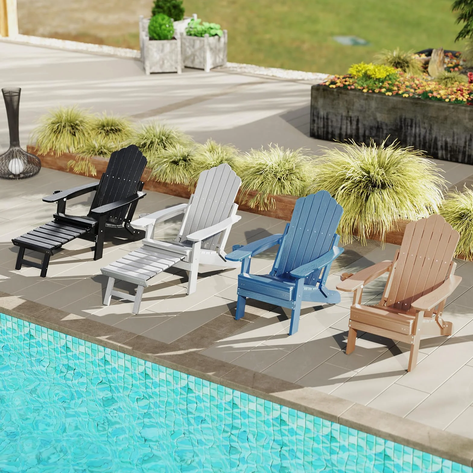 COSTWAY Składane krzesło Adirondack z podnóżkiem i regulowanym oparciem, odporne na warunki atmosferyczne Adirondack Chair z tworzywa sztucznego, fotel ogrodowy z uchwytem na napoje, do ogrodu, na