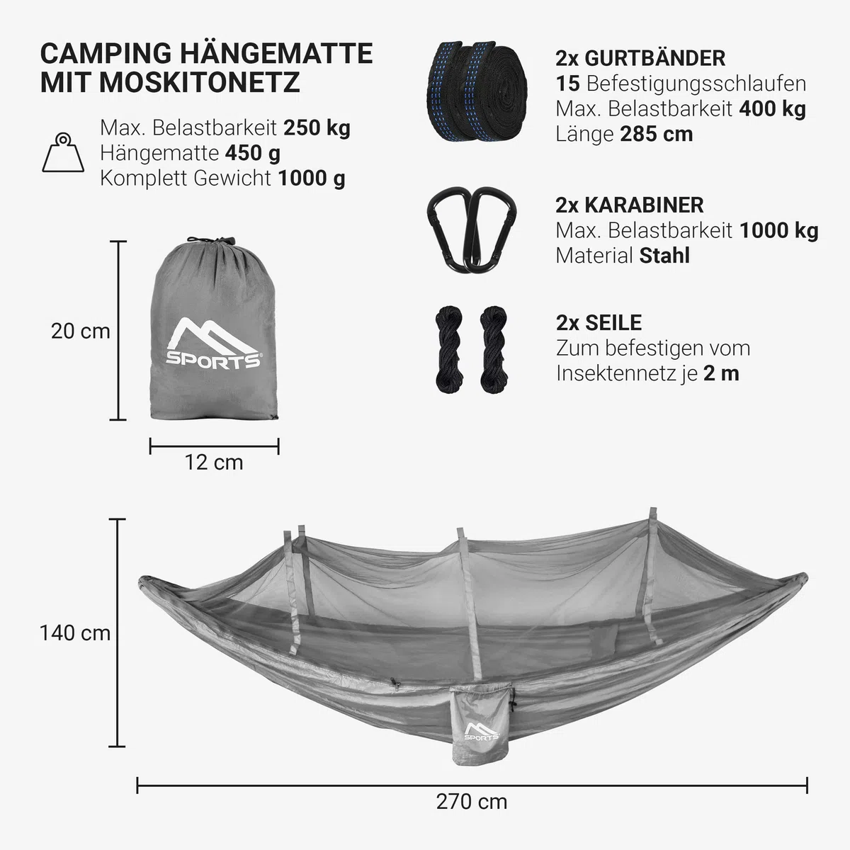 Ultralekki hamak kempingowy z moskitierą | udźwig 250 kg, oddychający (srebrno-szary)