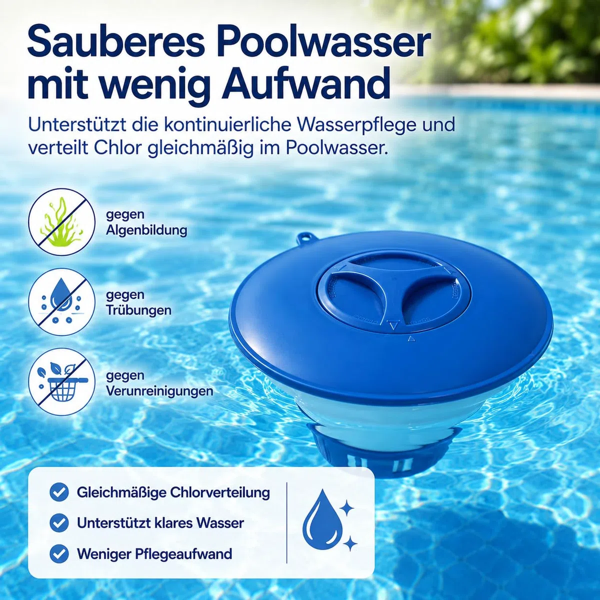 poolomio® Pływający dozownik chloru do tabletek chloru 200 g – pływak dozujący do chloru i tabletek wielofunkcyjnych – równomierna pielęgnacja wody do basenu, jacuzzi, spa i basenów