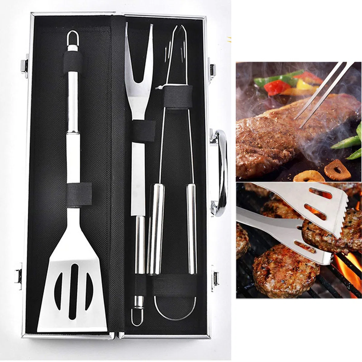 Akcesoria do grilla - Zestaw narzędzi do grillowania ze stali nierdzewnej 3PCS z luksusowym futerałem - Idealny świąteczny zestaw prezentów urodzinowych dla taty, smakoszy, fanów grilla, kucharzy, mi